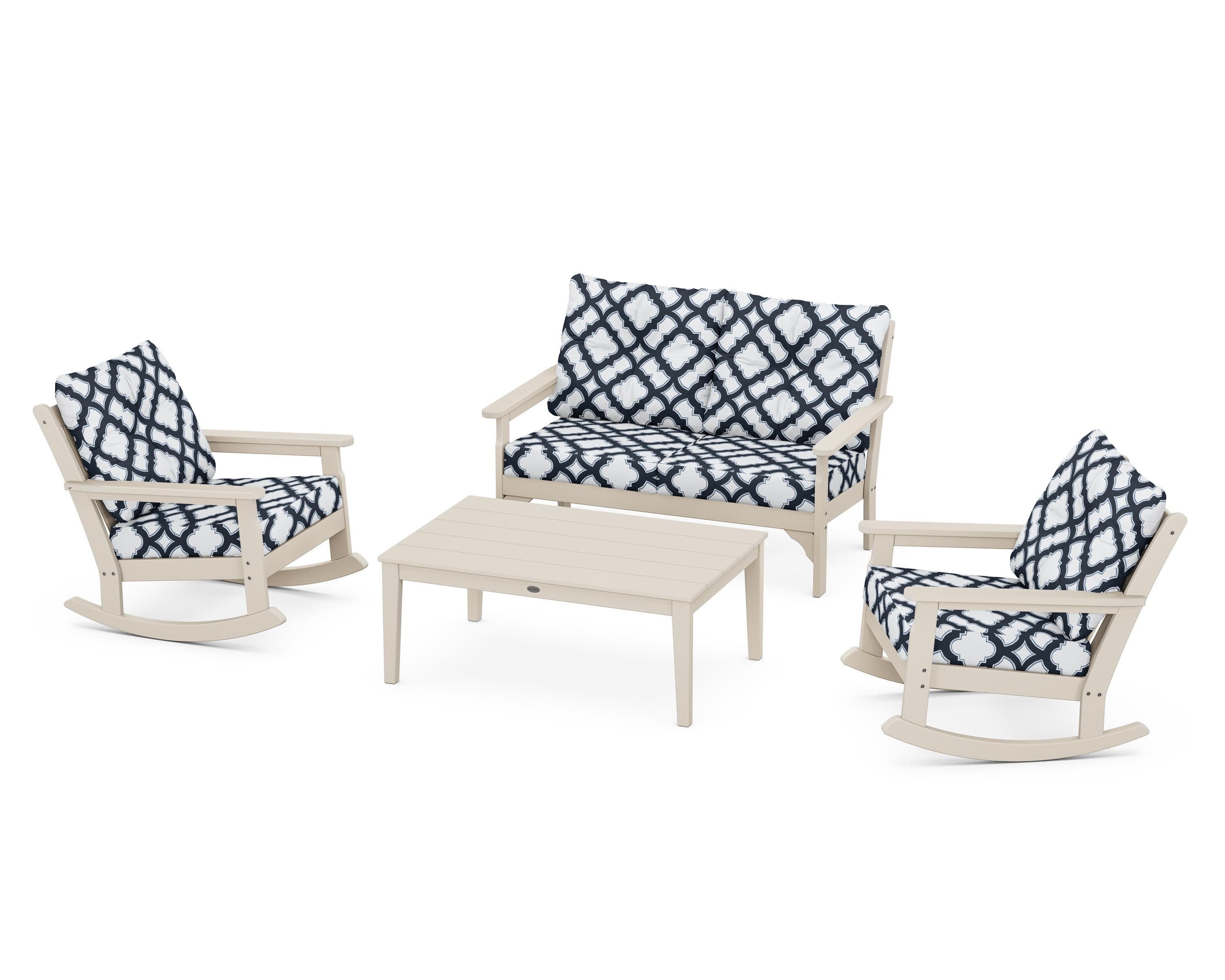 Vineyard 4-Piece Deep Seating Rocking Chair Set in Sand / Trellis Marine Indigo