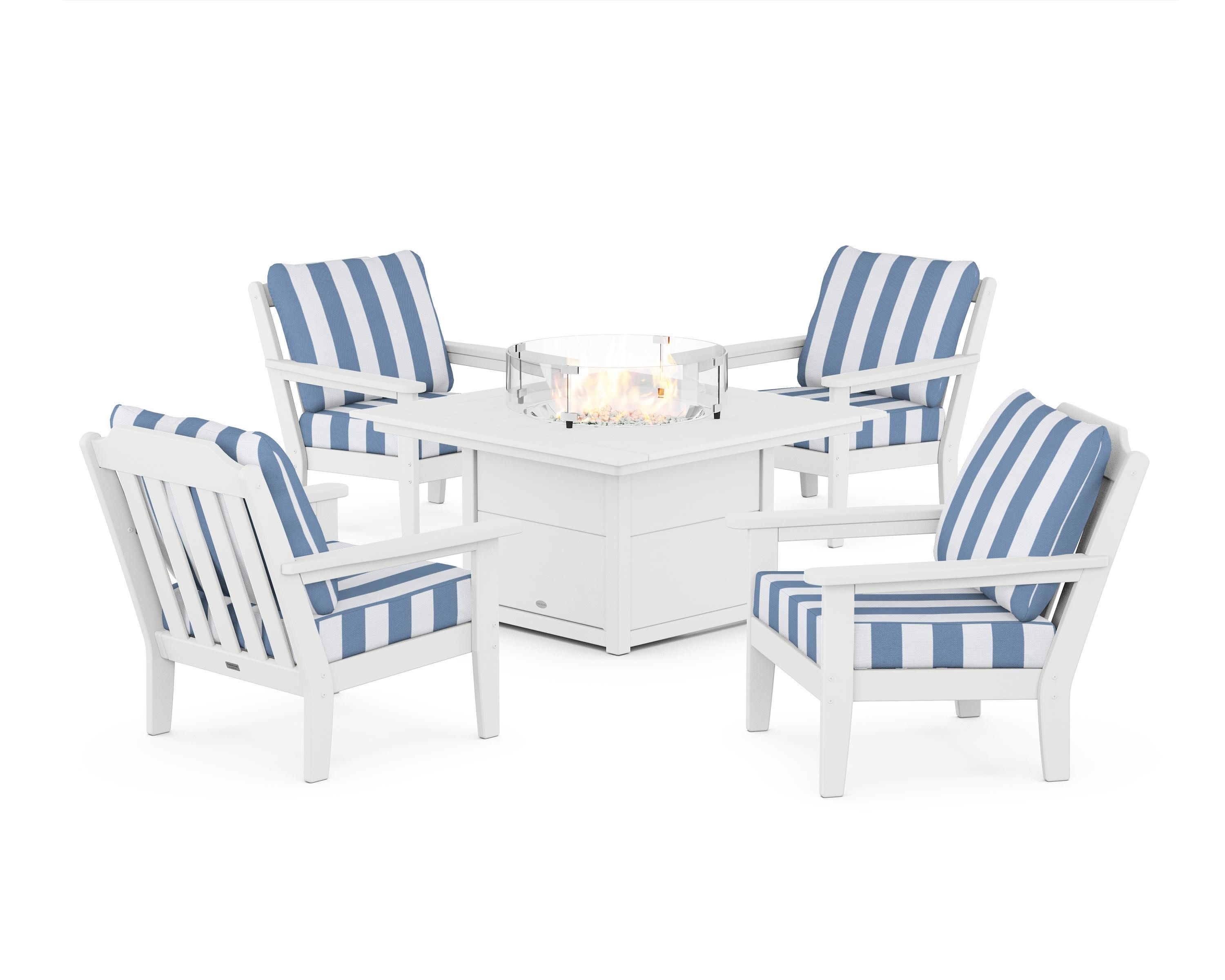 Cottage 5-Piece Deep Seating Set with Fire Pit Table in White / Cabana Stripe Sky Blue