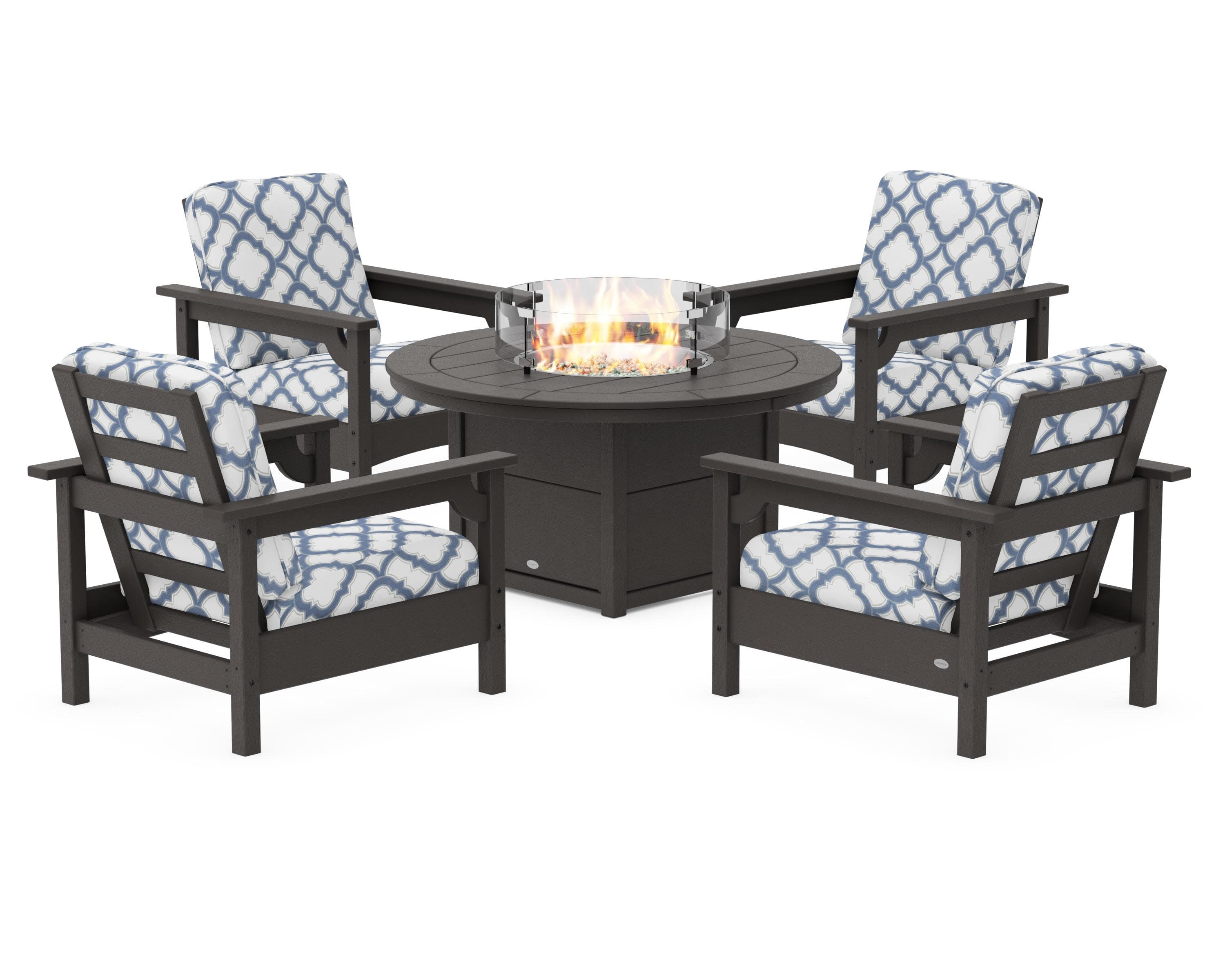 Club 5-Piece Conversation Set with Fire Pit Table in Vintage Coffee / Trellis Sky Blue
