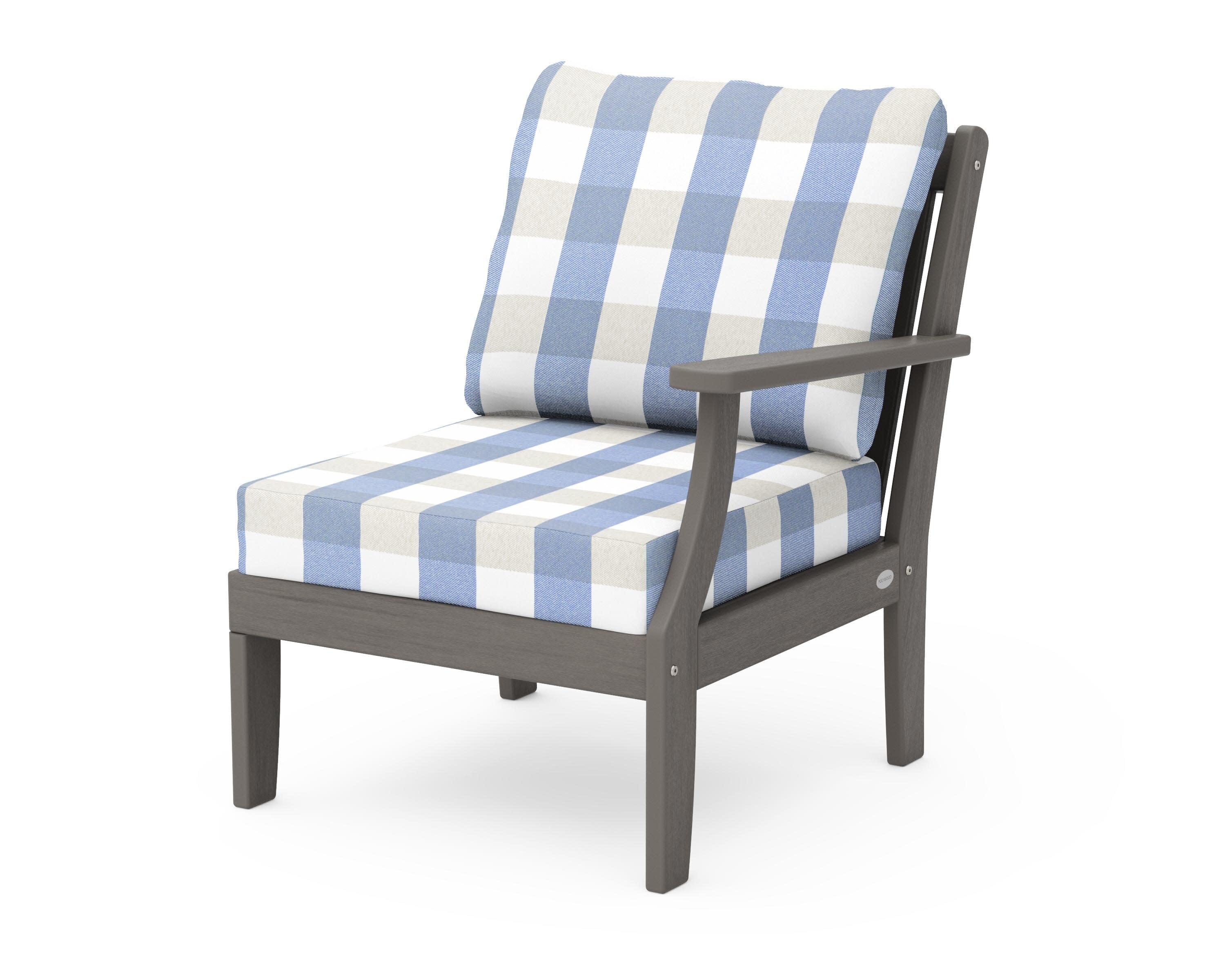 Braxton Modular Right Arm Chair in Driftwood / Buffalo Plaid Sky Blue