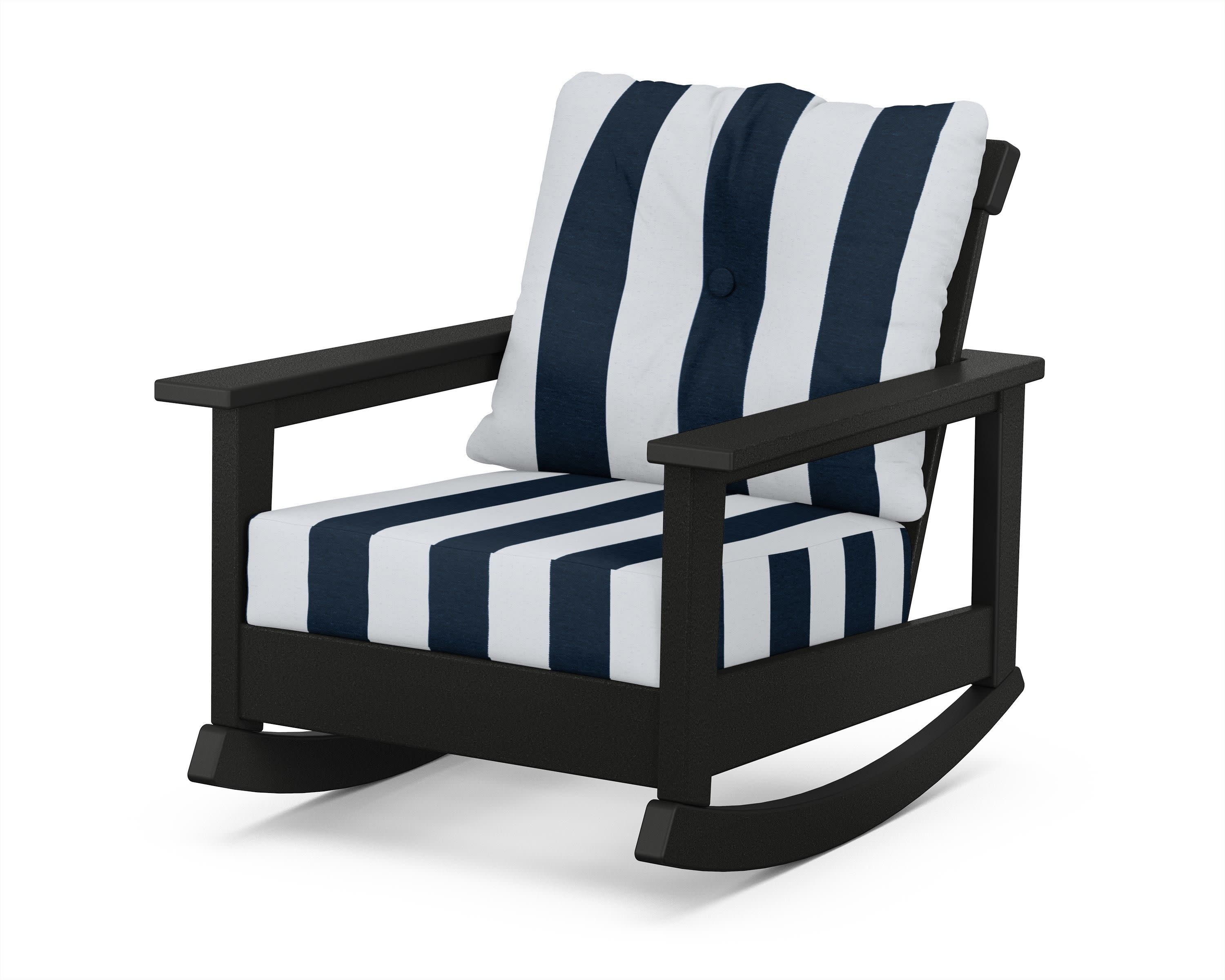 Prescott Deep Seating Rocking Chair in Black / Cabana Stripe Marine Indigo