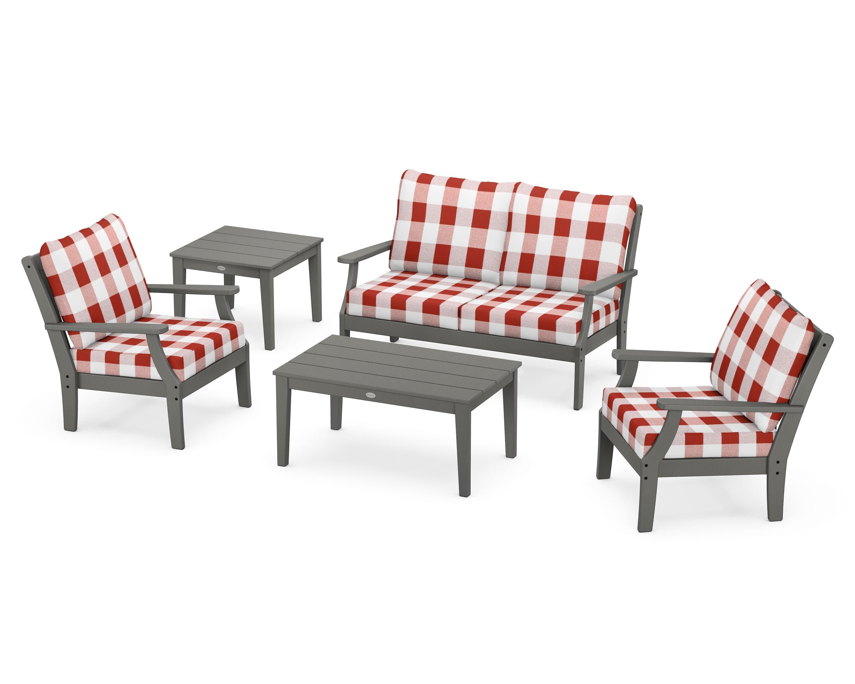 Braxton 5-Piece Deep Seating Set in Slate Grey / Buffalo Plaid Crimson