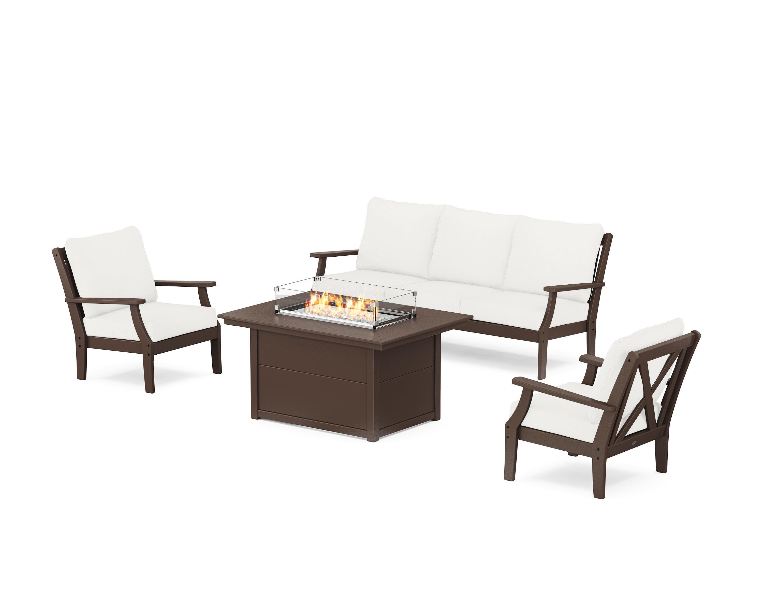 Braxton Deep Seating Fire Pit Table Set in Mahogany / Natural Linen