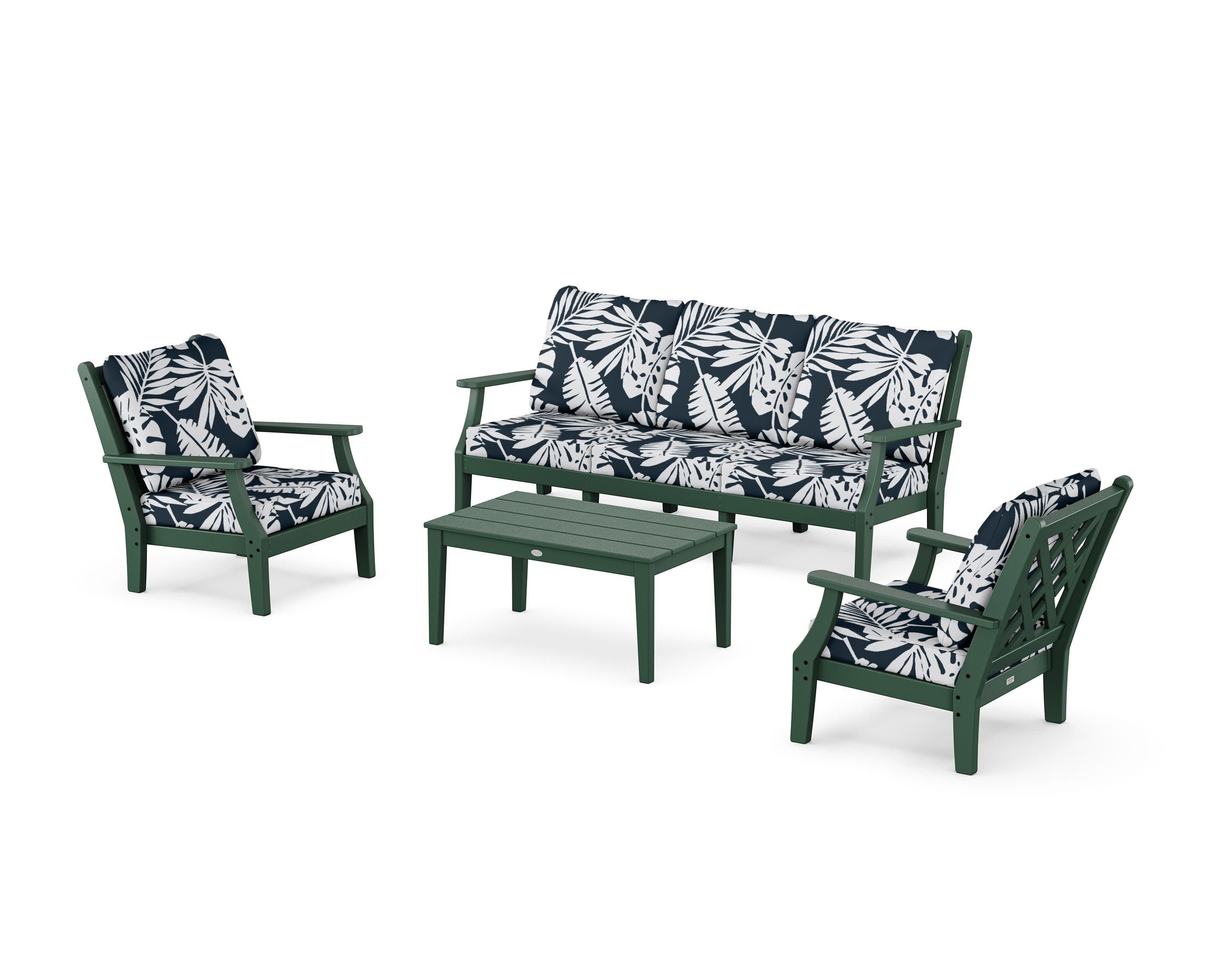 Wovendale 4-Piece Deep Seating Set with Sofa in Green / Leaf Marine Indigo