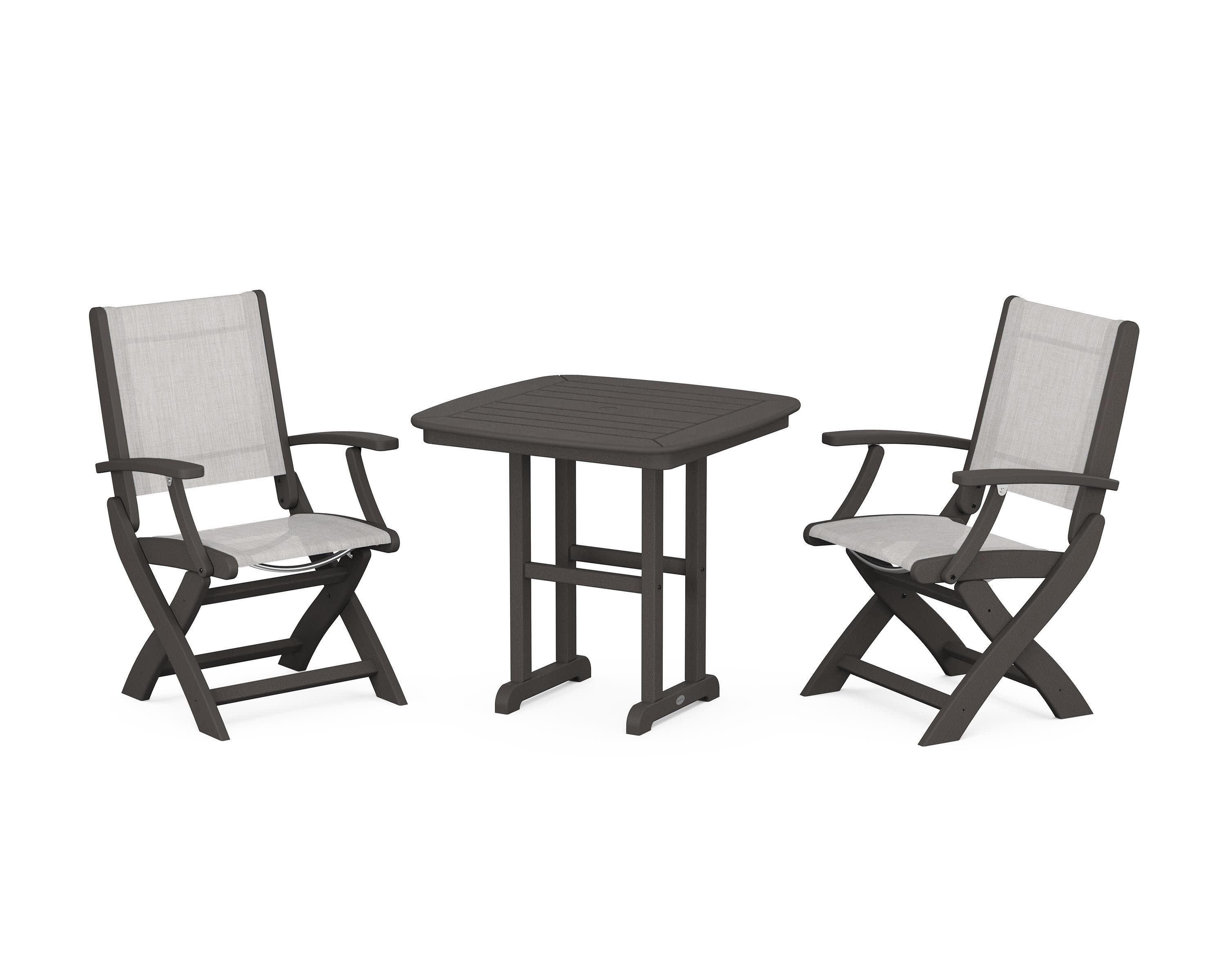 Coastal Folding Chair 3-Piece Dining Set in Vintage Coffee / Parchment Sling