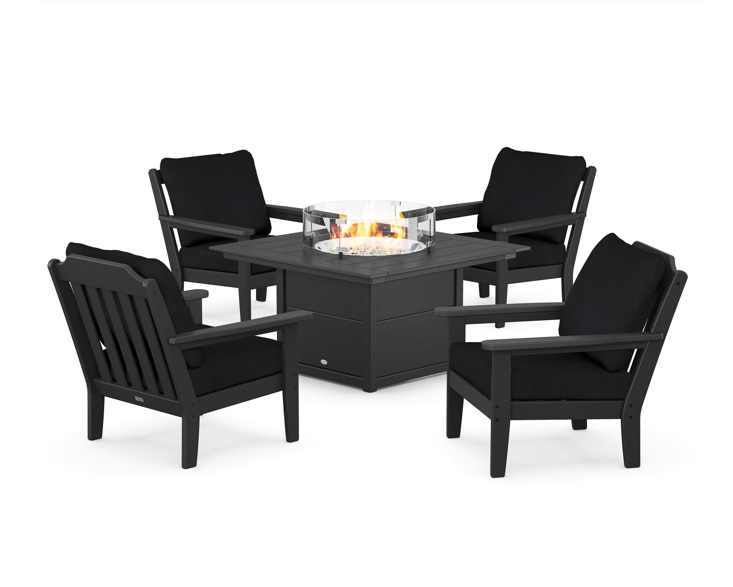 Cottage 5-Piece Deep Seating Set with Fire Pit Table in Black / Midnight Linen