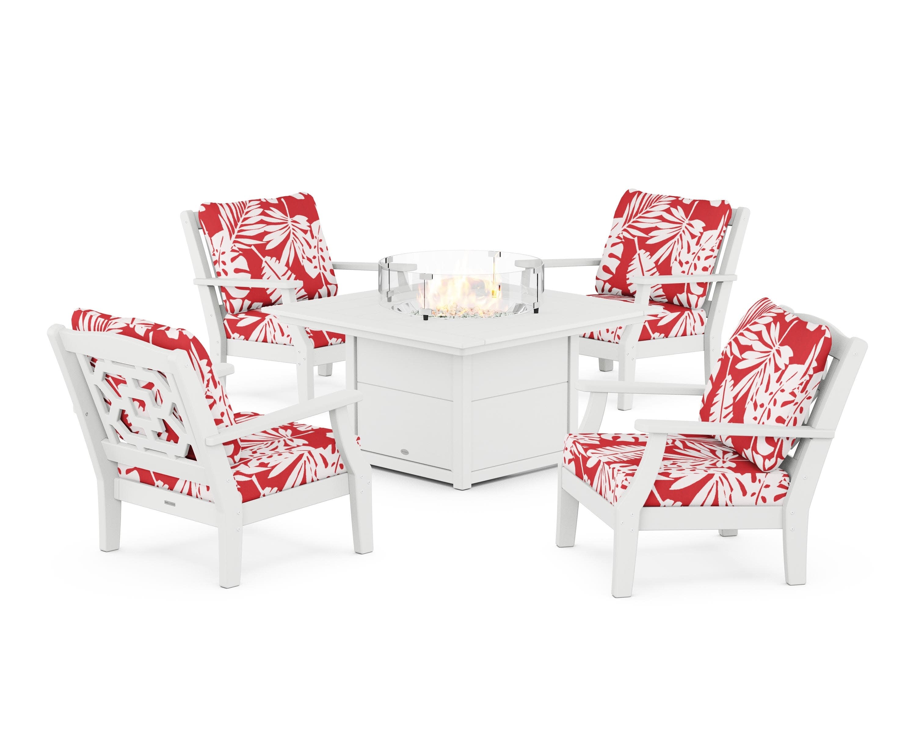 Chinoiserie 5-Piece Deep Seating Set with Fire Pit Table in White / Leaf Crimson