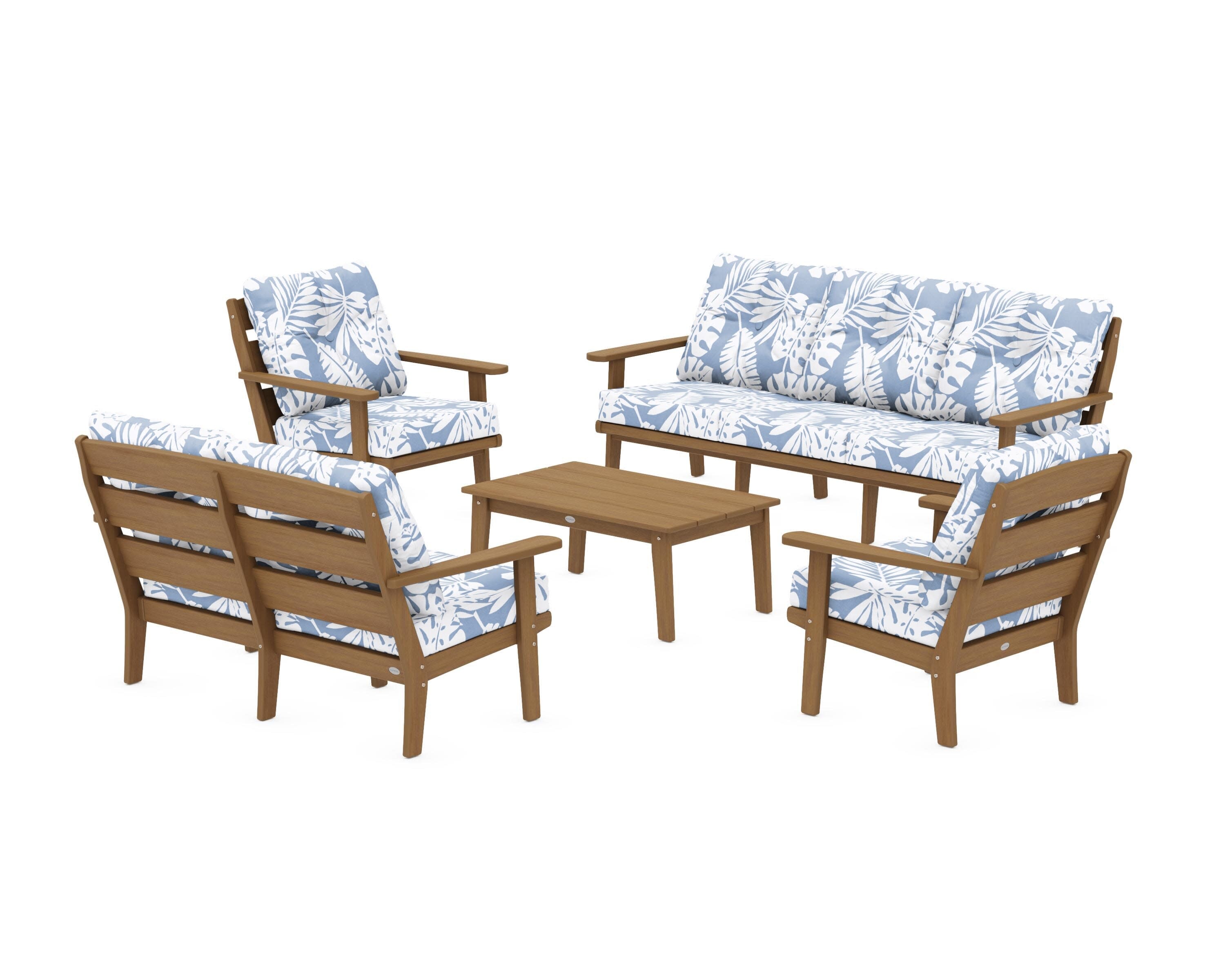Lakeside 5-Piece Lounge Sofa Set in Natural / Leaf Sky Blue