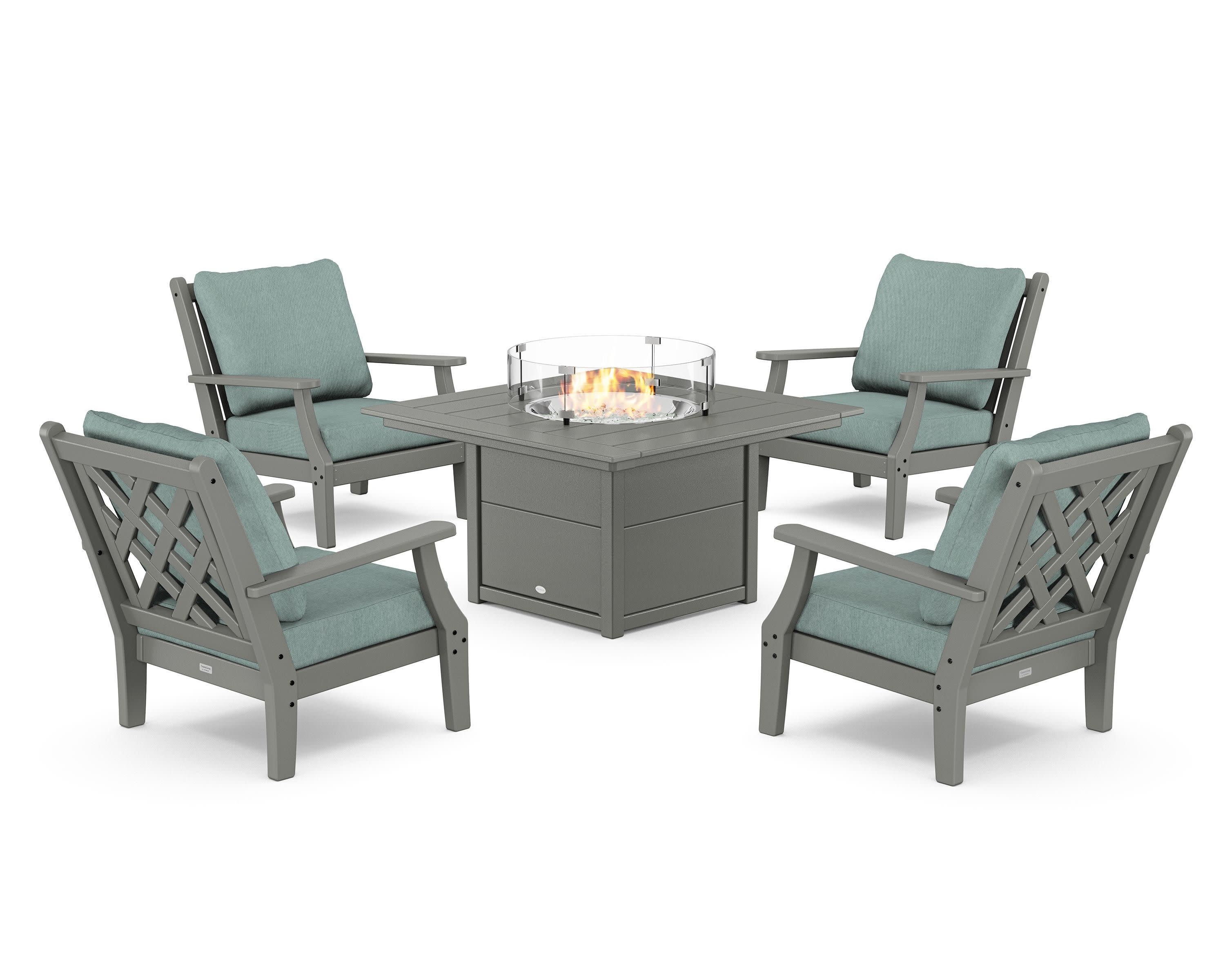 Wovendale 5-Piece Deep Seating Set with Fire Pit Table in Slate Grey / Glacier Spa