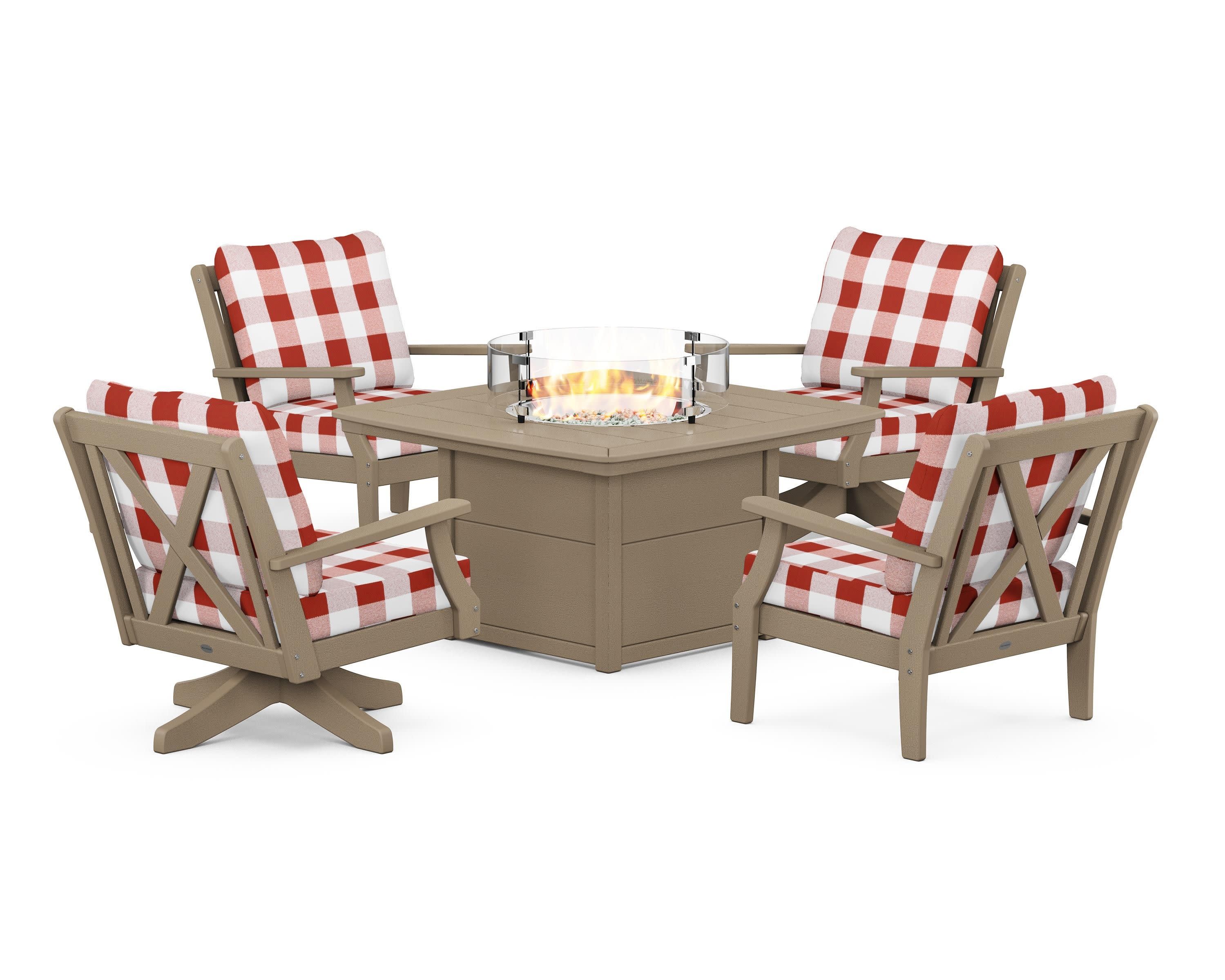 Braxton 5-Piece Deep Seating Set with Fire Table in Vintage Sahara / Buffalo Plaid Crimson