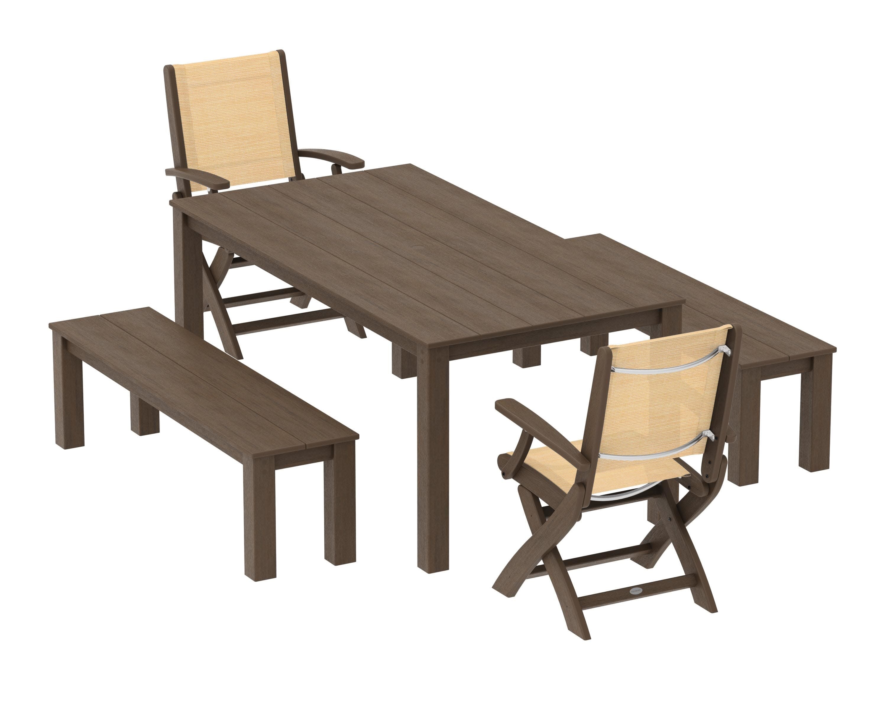 Coastal Folding Chair 5-Piece Parsons Dining Set with Benches in Kona / Dupioni Apricot Sling