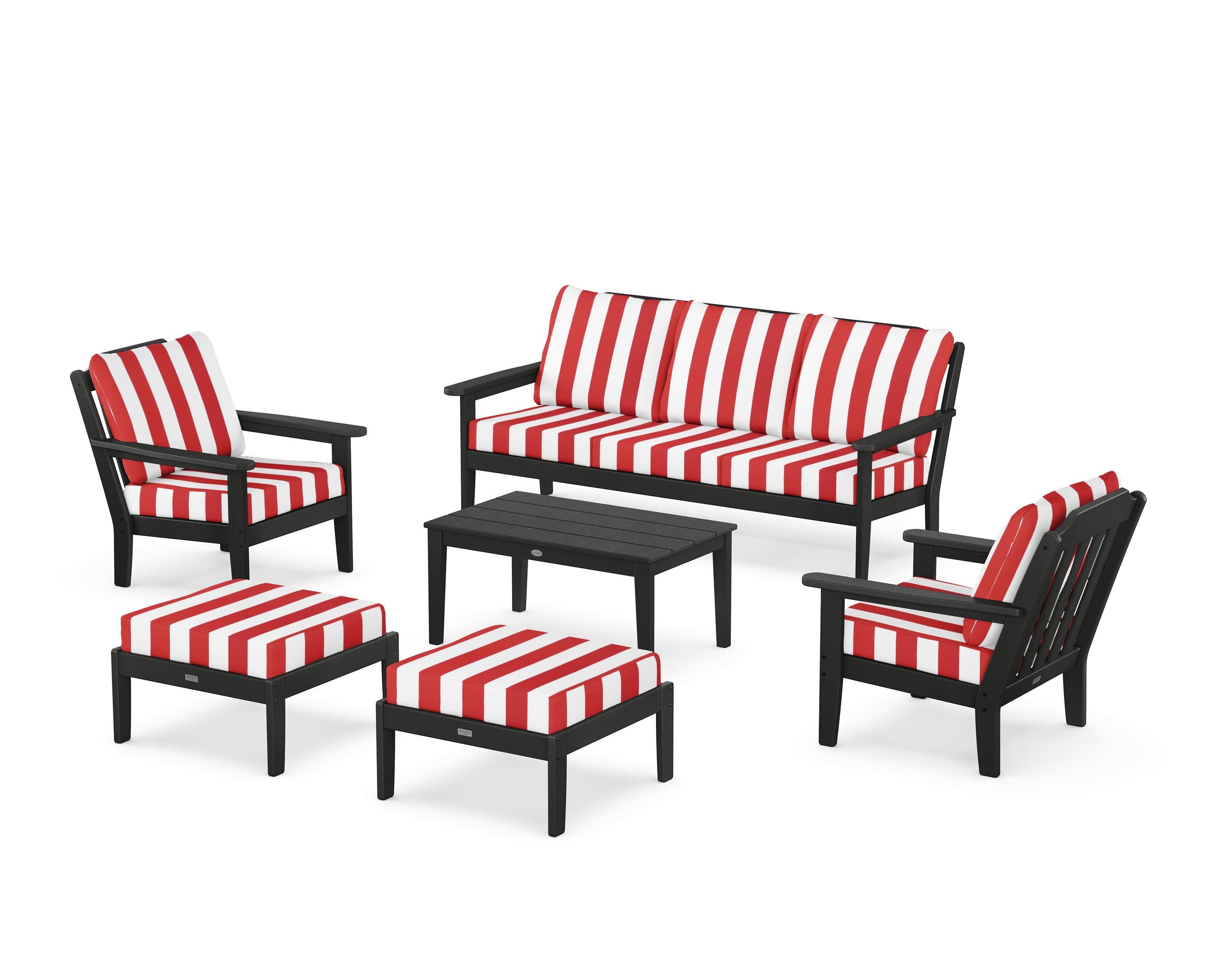 Cottage 6-Piece Lounge Sofa Set in Black / Cabana Stripe Crimson