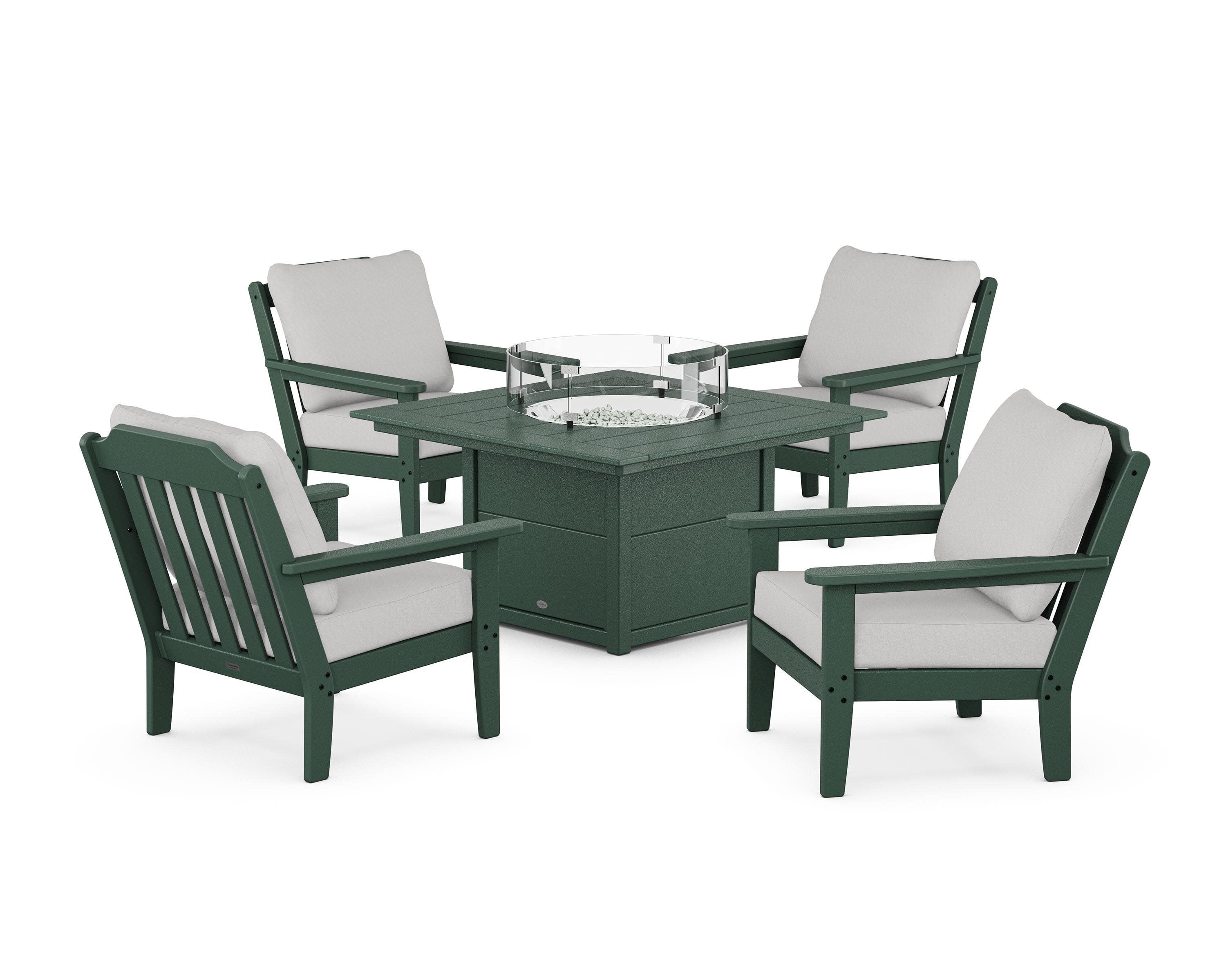 Cottage 5-Piece Deep Seating Set with Fire Pit Table in Green / Diamond in the Rough