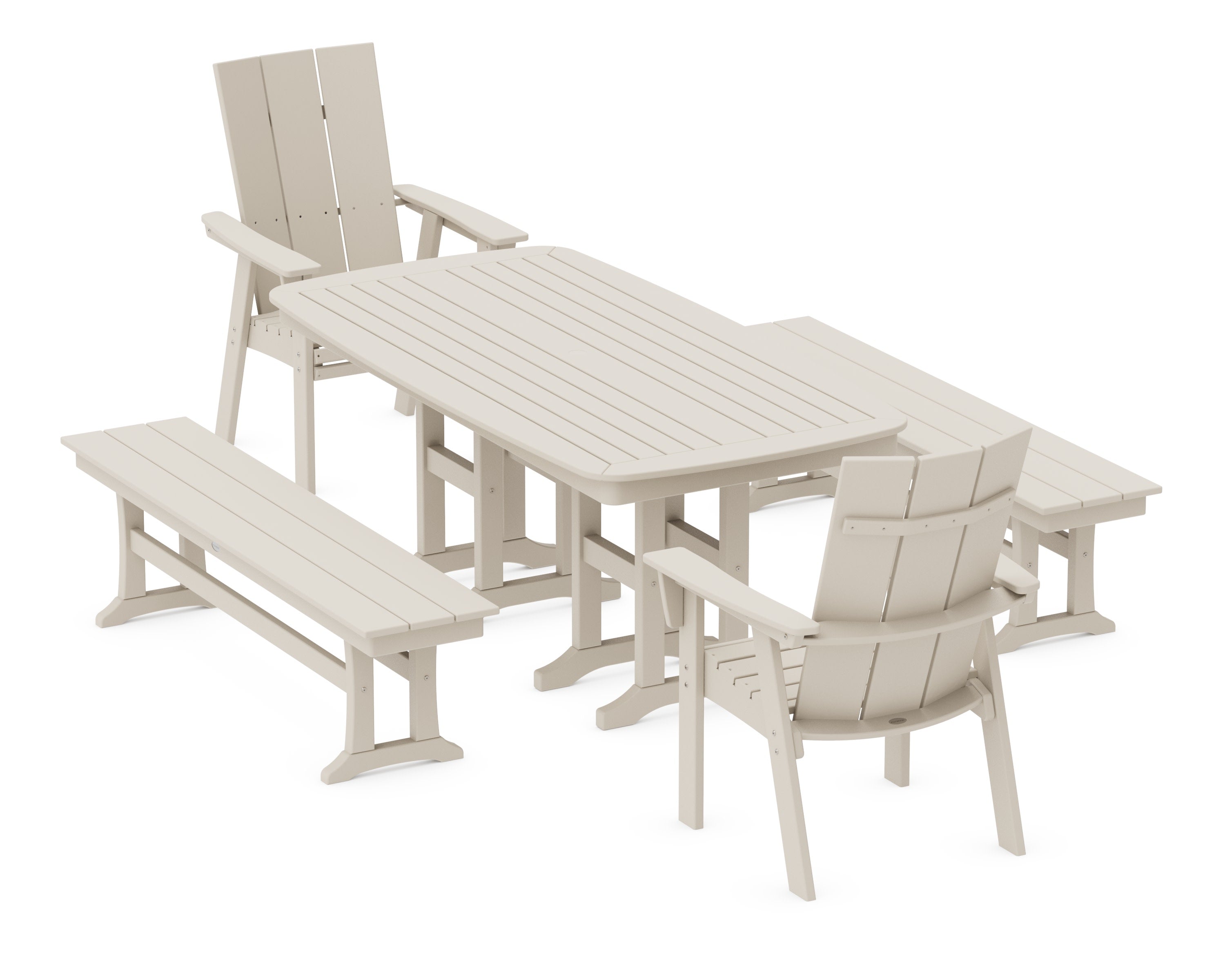 Modern Curveback Adirondack 5-Piece Dining Set with Benches in Sand