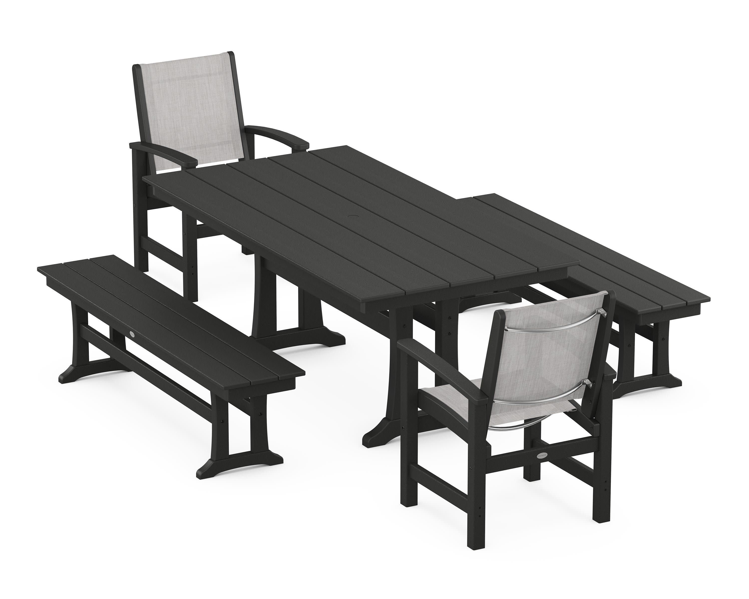 Coastal 5-Piece Farmhouse Dining Set with Trestle Legs and Benches in Black / Parchment Sling