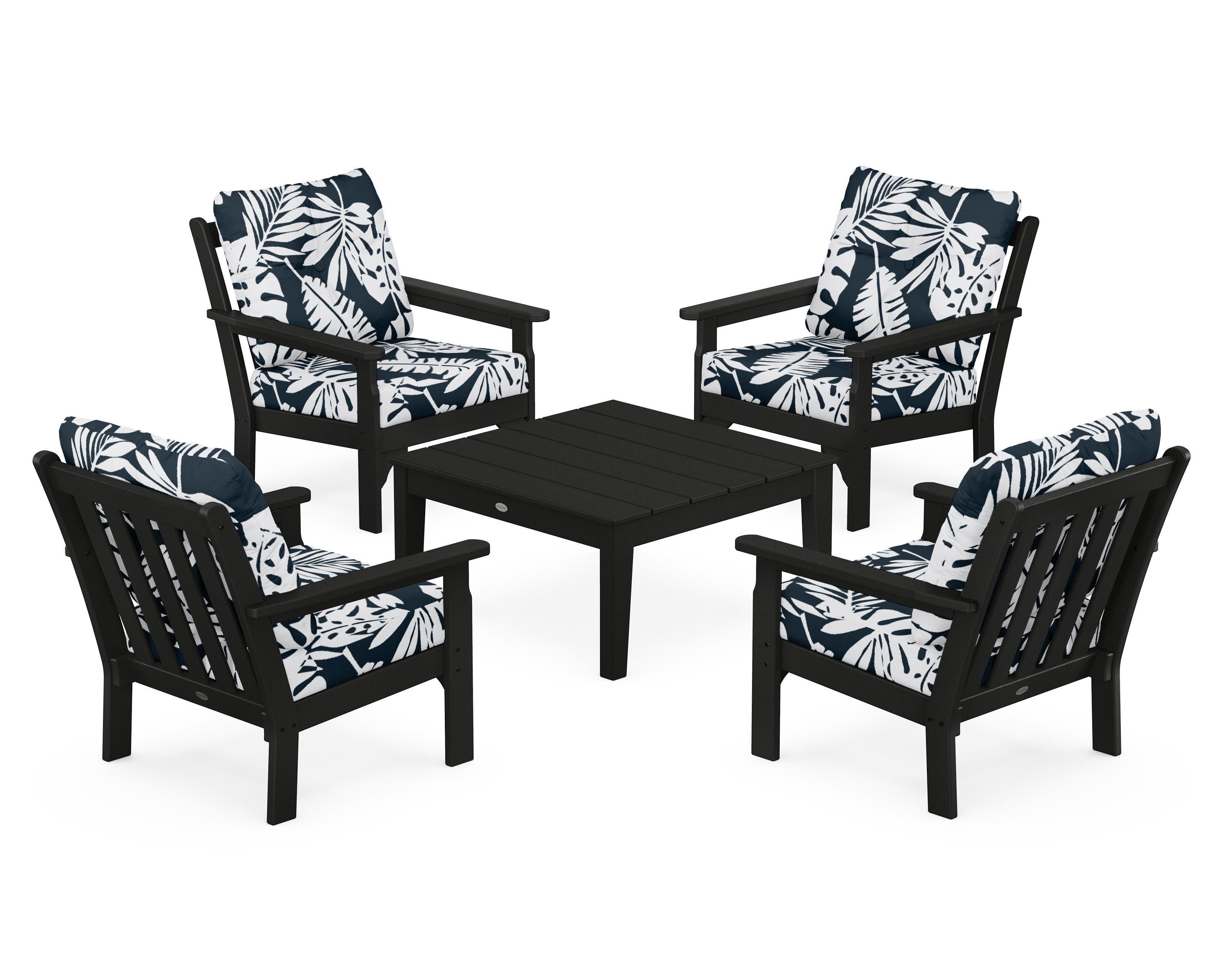 Vineyard 5-Piece Deep Seating Conversation Set in Black / Leaf Marine Indigo