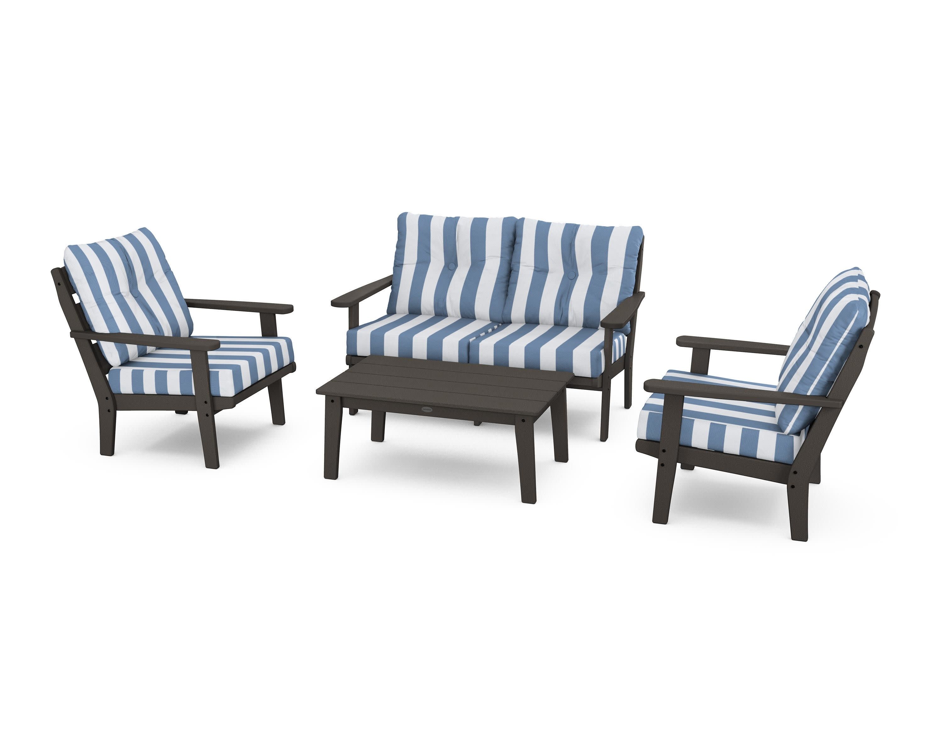 Lakeside 4-Piece Deep Seating Set in Vintage Coffee / Cabana Stripe Sky Blue