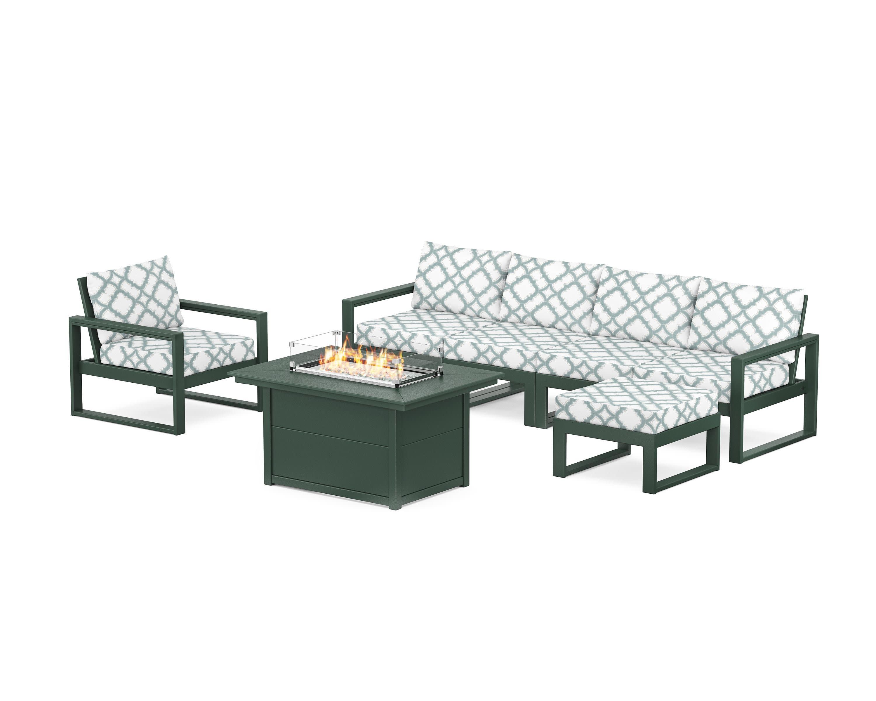 EDGE Sectional Lounge and Fire Pit Set in Green / Trellis Glacier Spa