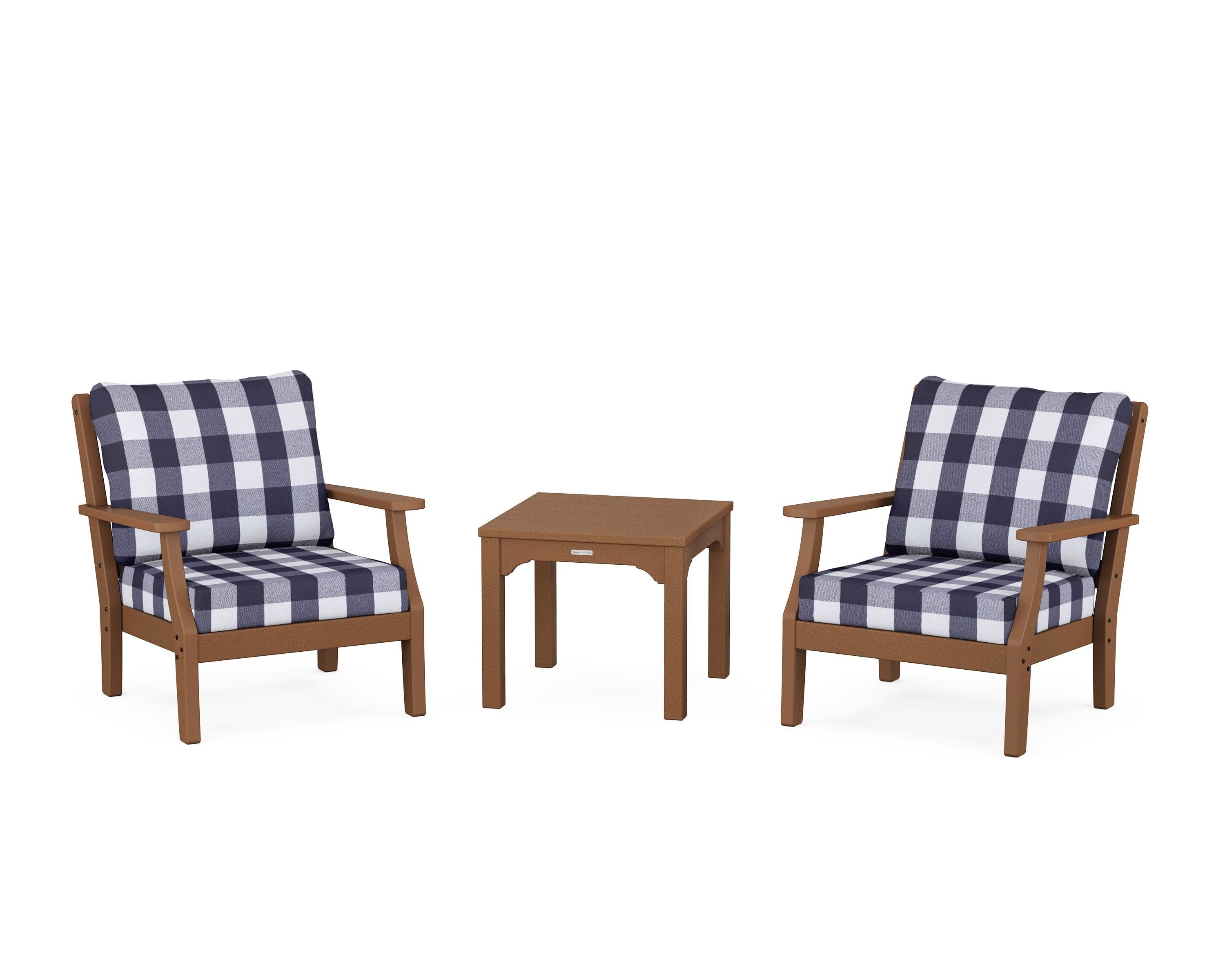 Chinoiserie 3-Piece Deep Seating Set in Teak / Buffalo Plaid Navy