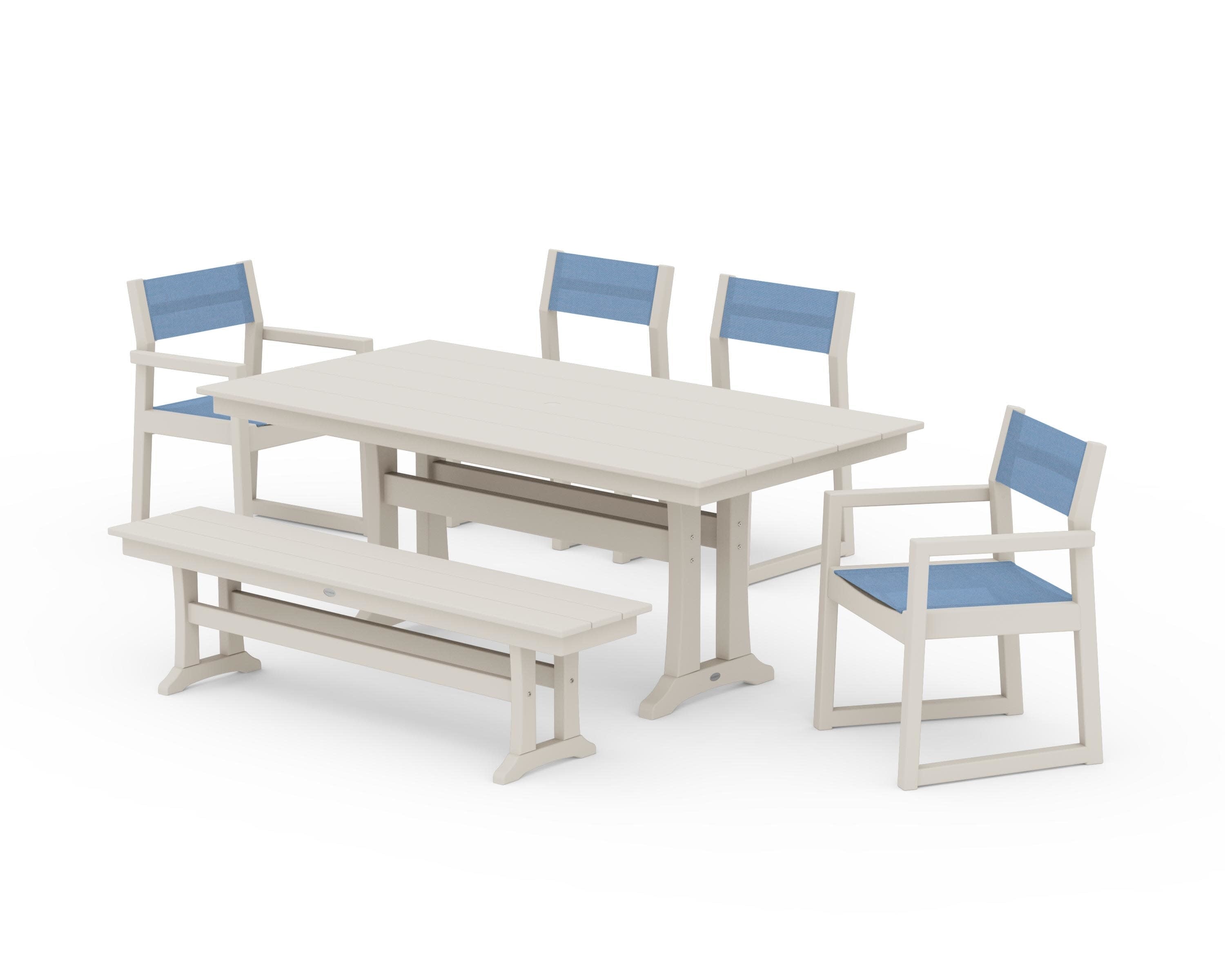 EDGE Sling 6-Piece Farmhouse Dining Set With Trestle Legs in Sand / Poolside Sling