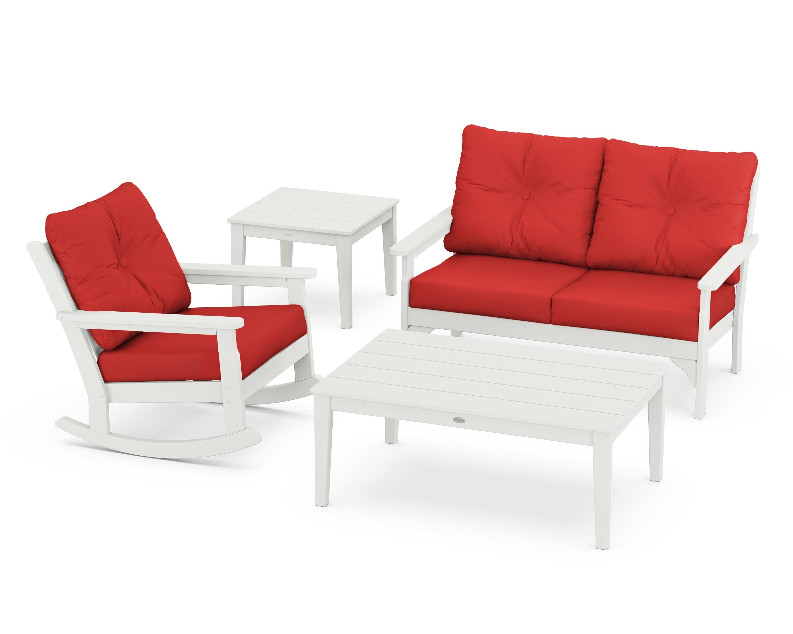 Vineyard 4-Piece Deep Seating Rocker Set in Vintage White / Crimson Linen