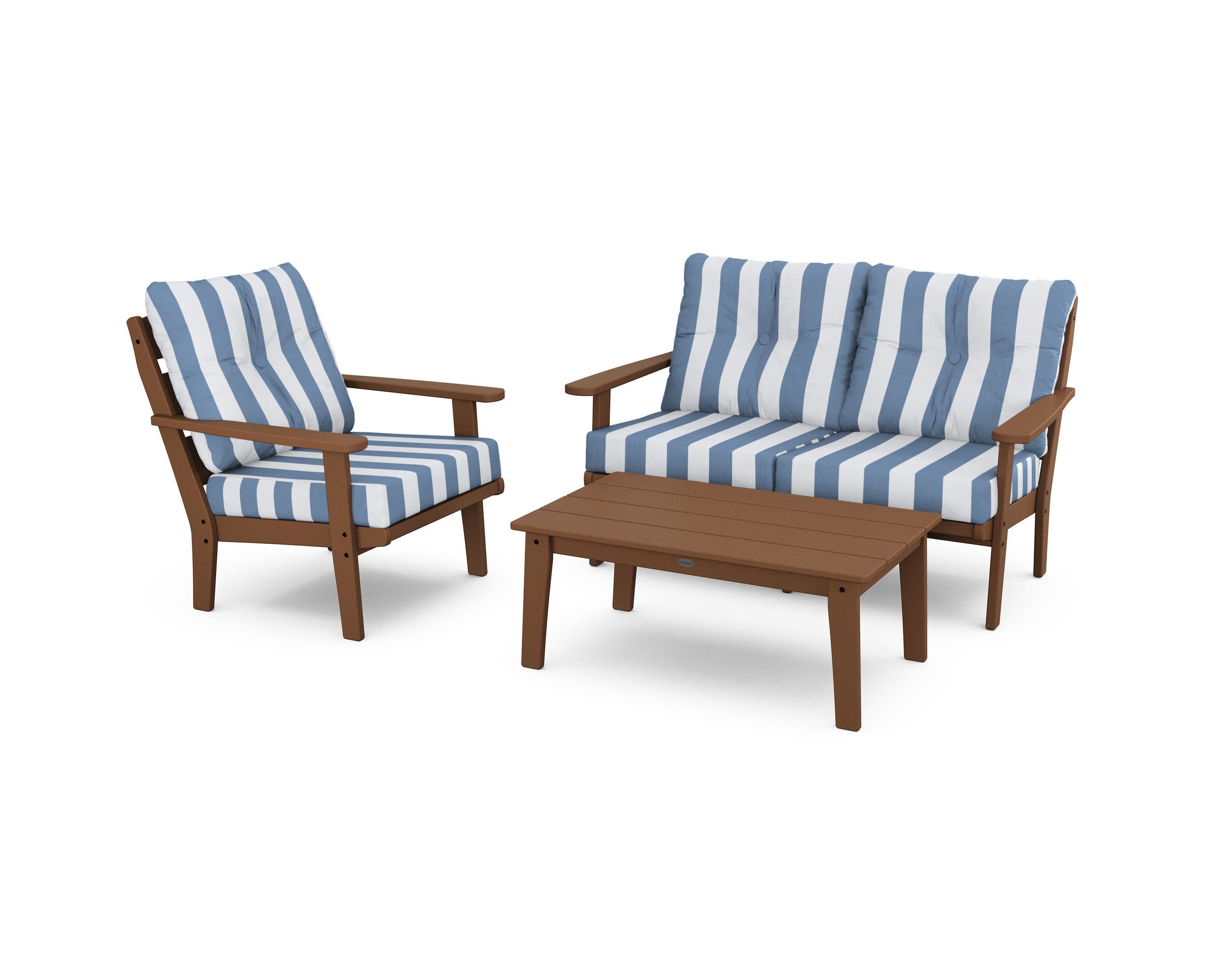 Lakeside 3-Piece Deep Seating Set in Teak / Cabana Stripe Sky Blue