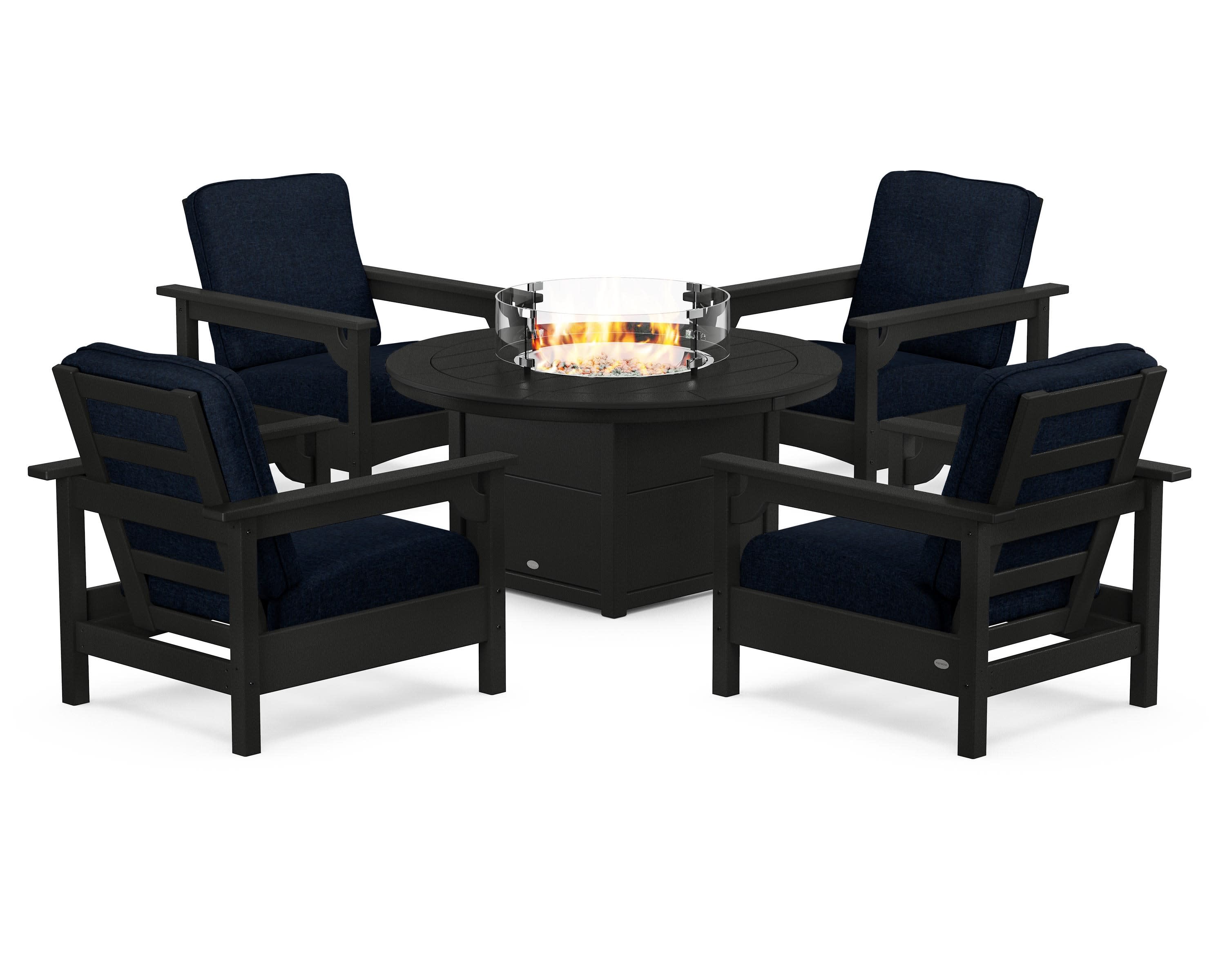 Club 5-Piece Conversation Set with Fire Pit Table in Black / Marine Indigo