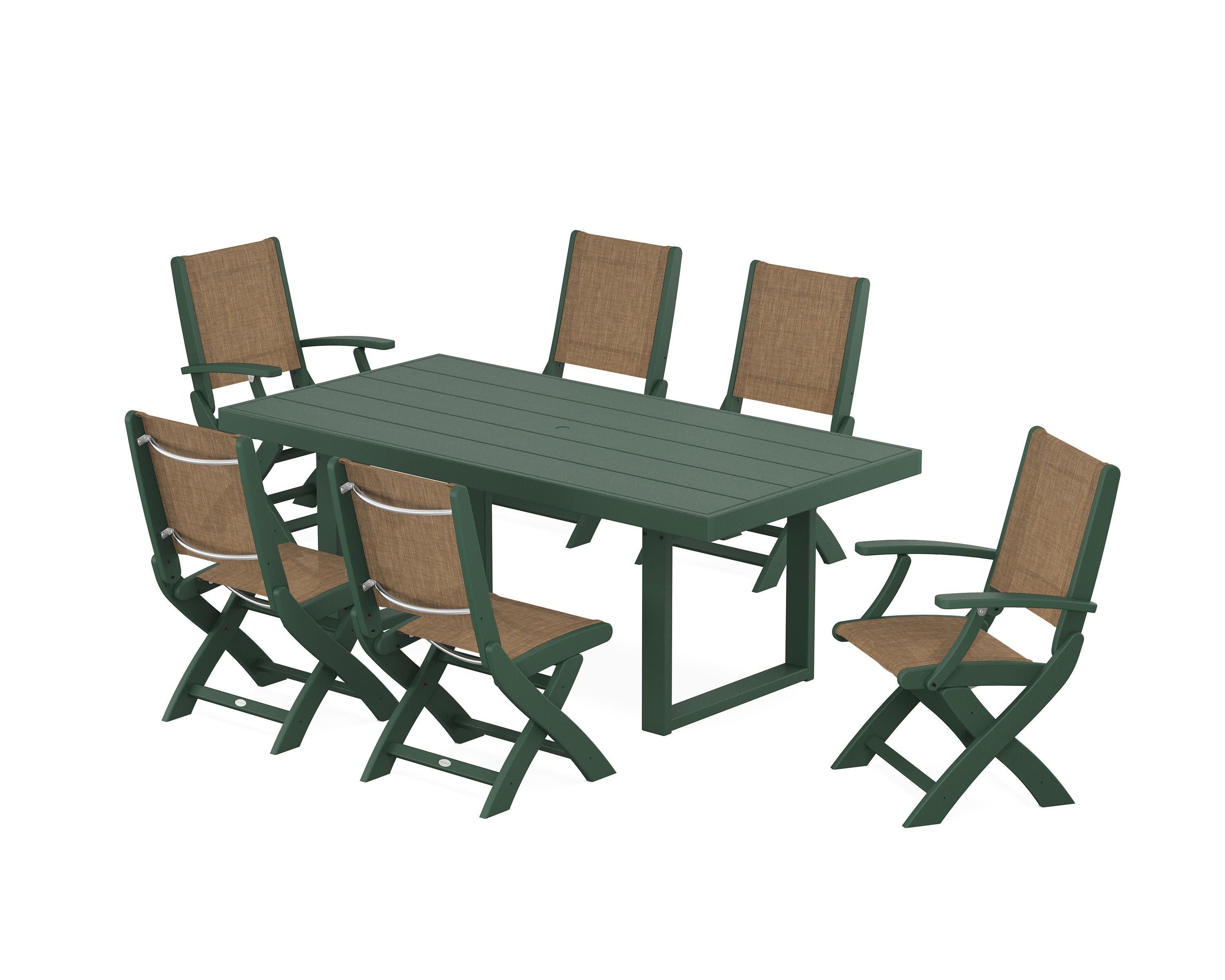 Coastal Folding Chair 7-Piece Dining Set with Trestle Legs in Green / Burlap Sling