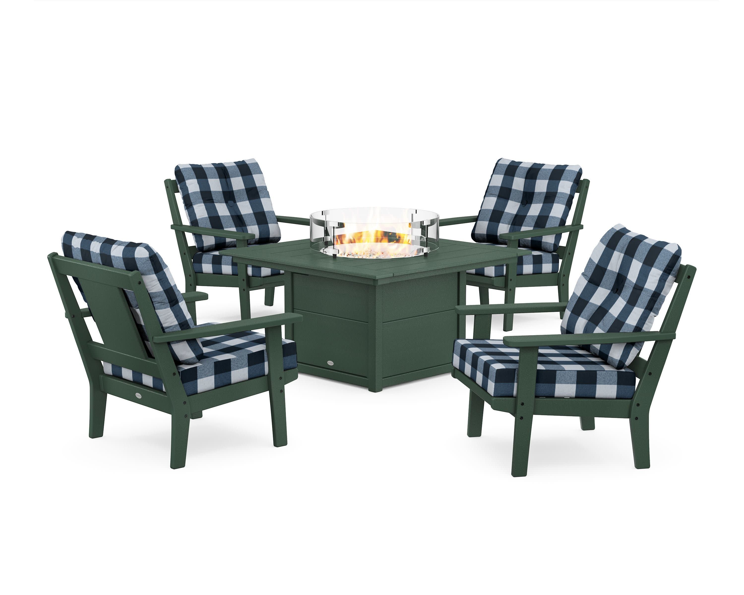 Prairie 5-Piece Deep Seating Set with Fire Pit Table in Green / Buffalo Plaid Marine Indigo