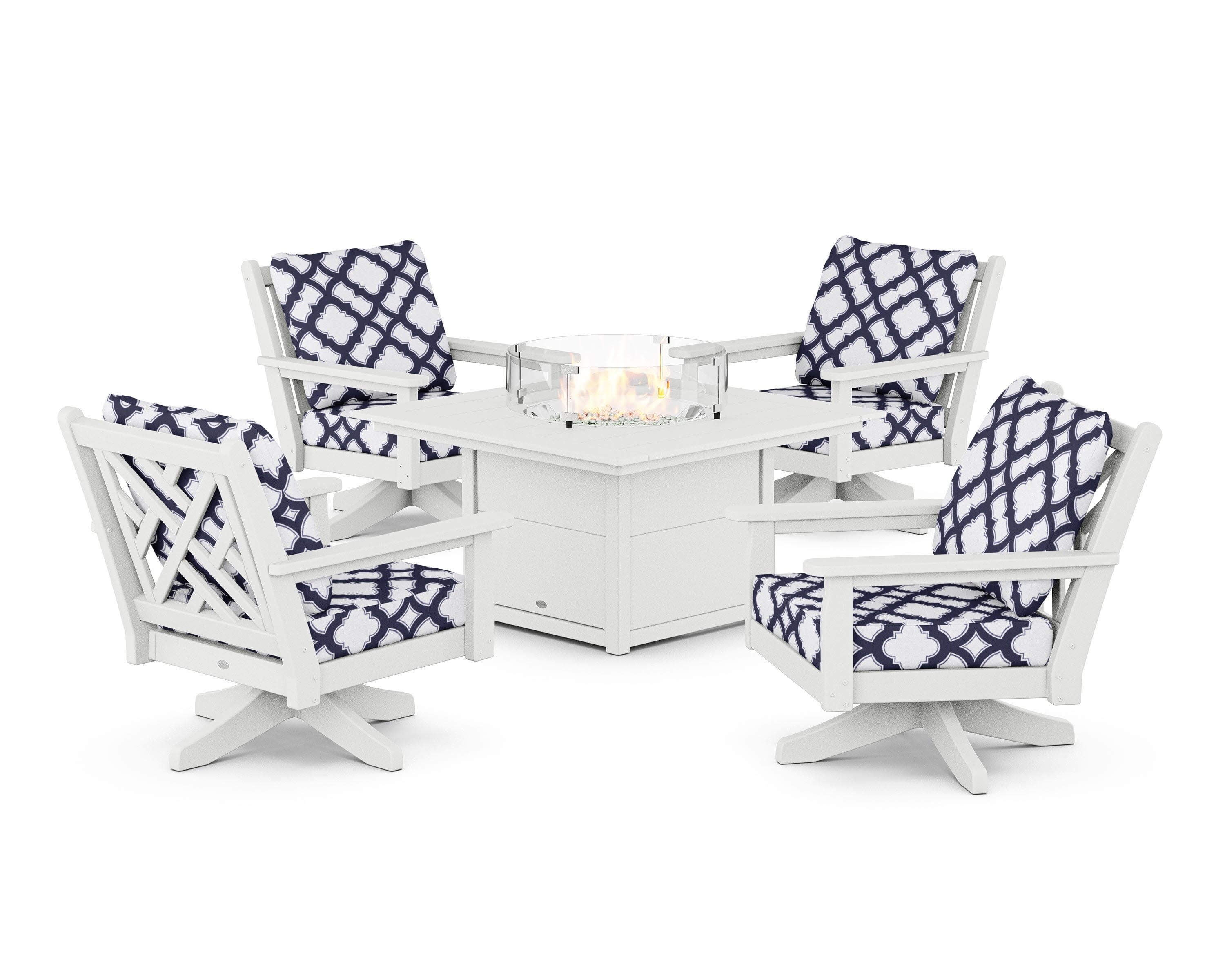 Chippendale 5-Piece Deep Seating Swivel Conversation Set with Fire Pit Table in White / Trellis Navy