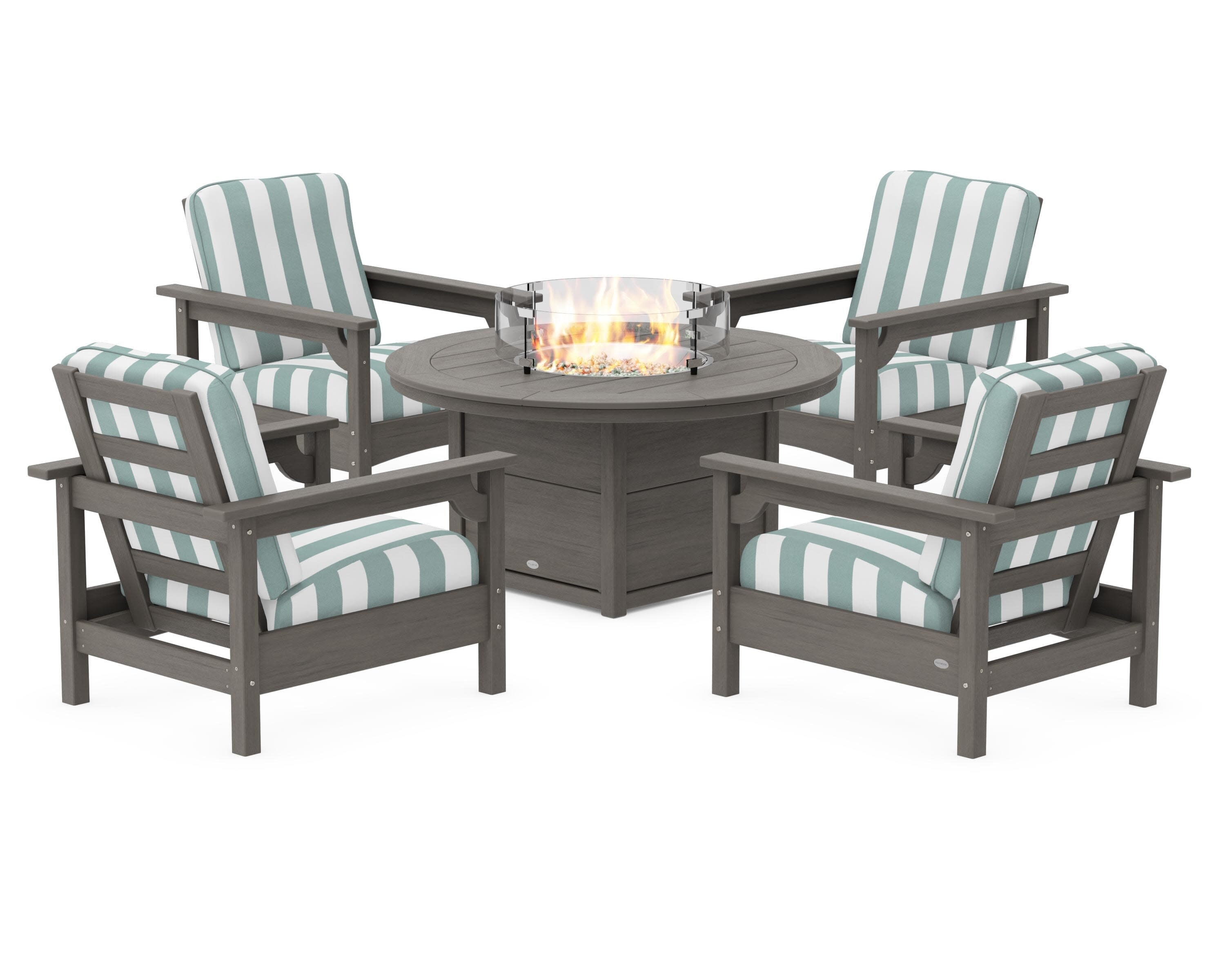 Club 5-Piece Conversation Set with Fire Pit Table in Driftwood / Cabana Stripe Glacier Spa