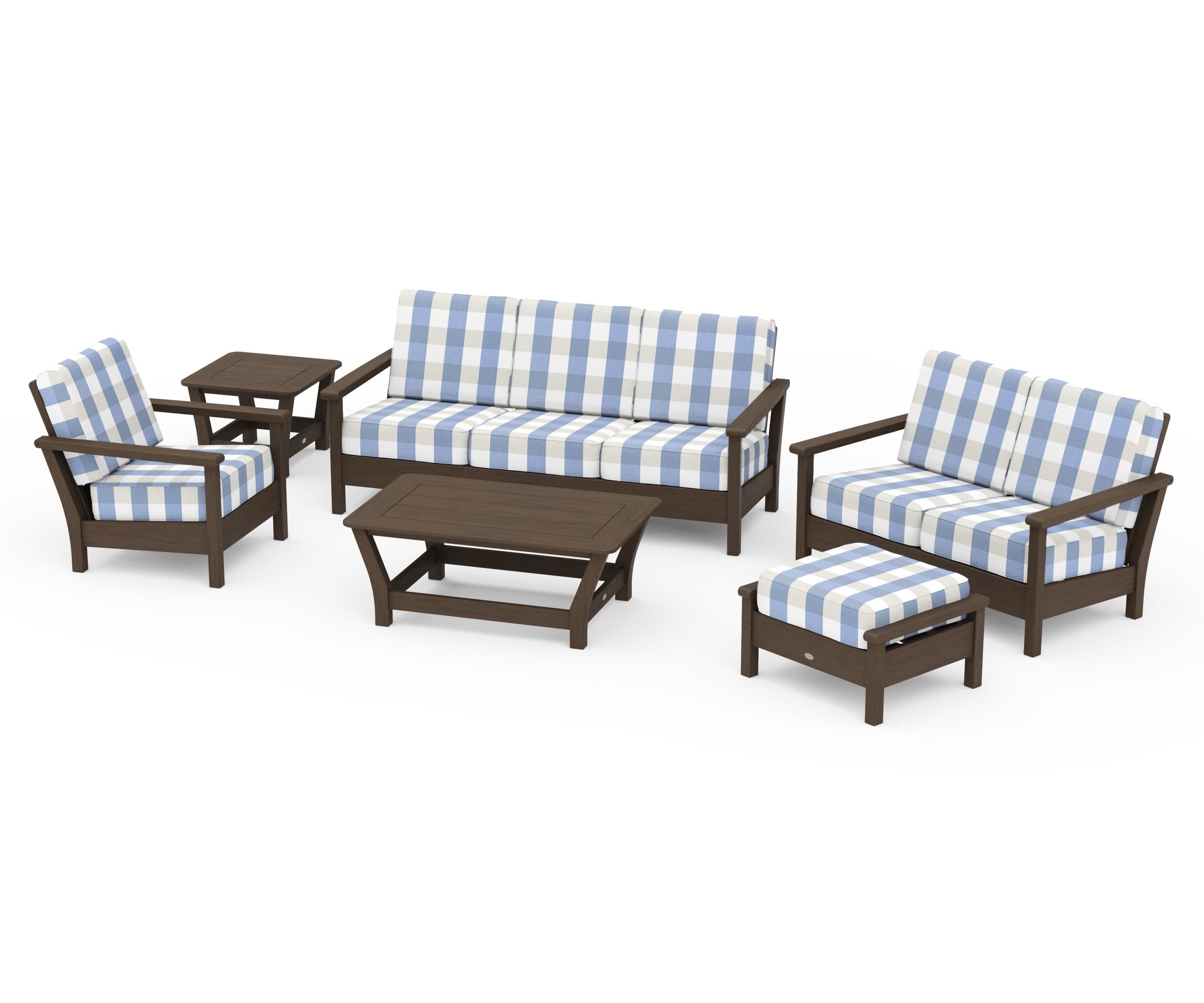 Harbour 6-Piece Outdoor Living Set in Kona / Buffalo Plaid Sky Blue
