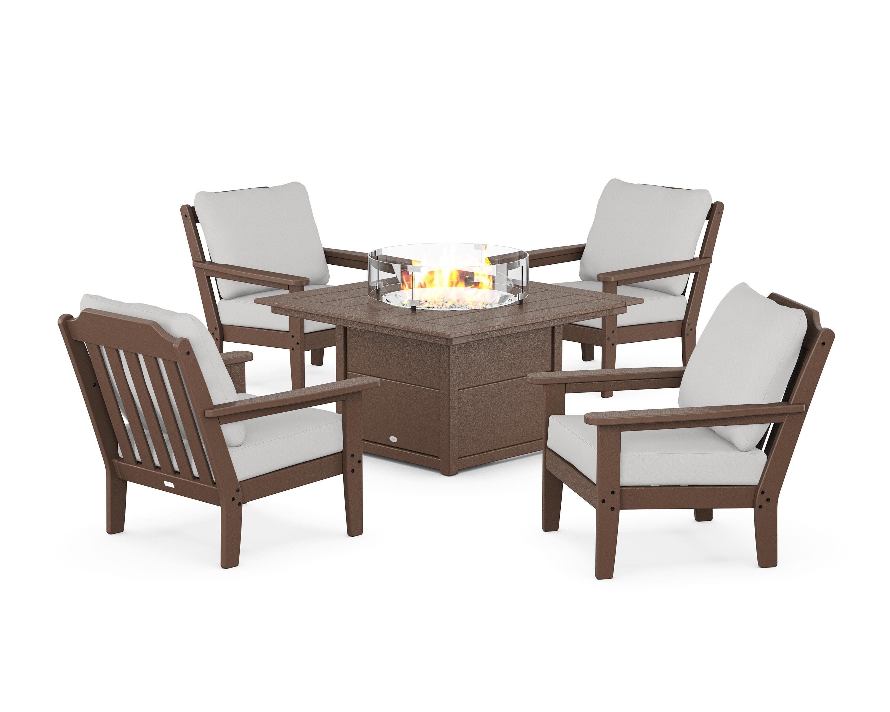 Cottage 5-Piece Deep Seating Set with Fire Pit Table in Mahogany / Diamond in the Rough