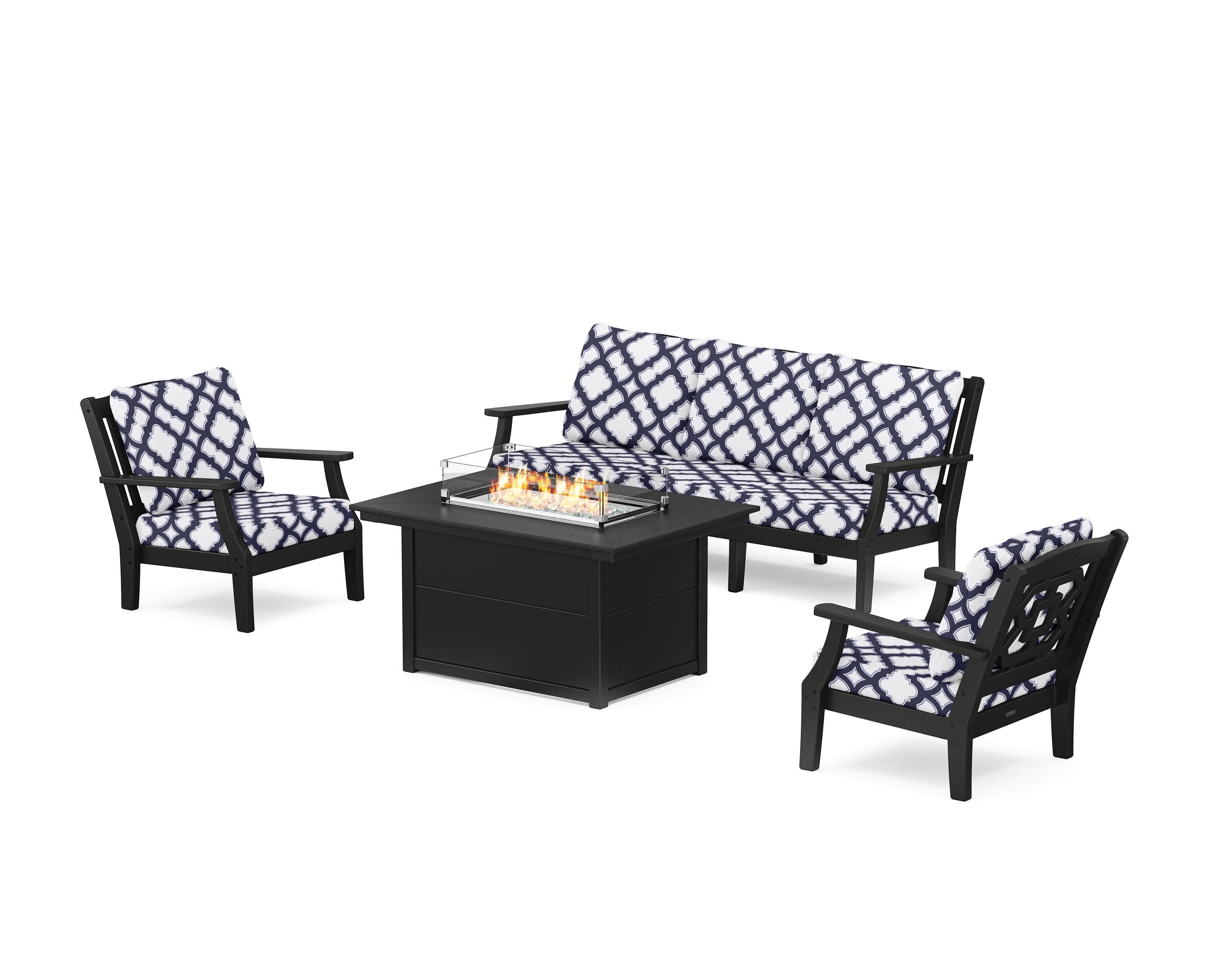 Chinoiserie Deep Seating Fire Pit Table Set in Black / Trellis Navy