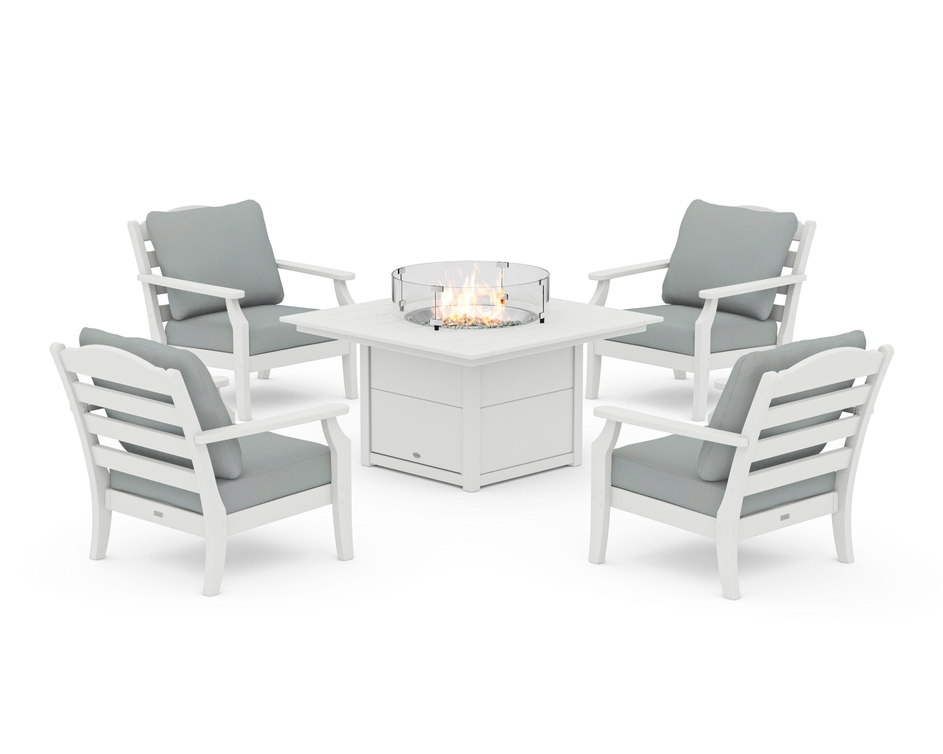 Savannah 5-Piece Deep Seating Set with Fire Pit Table in Vintage White / Spa