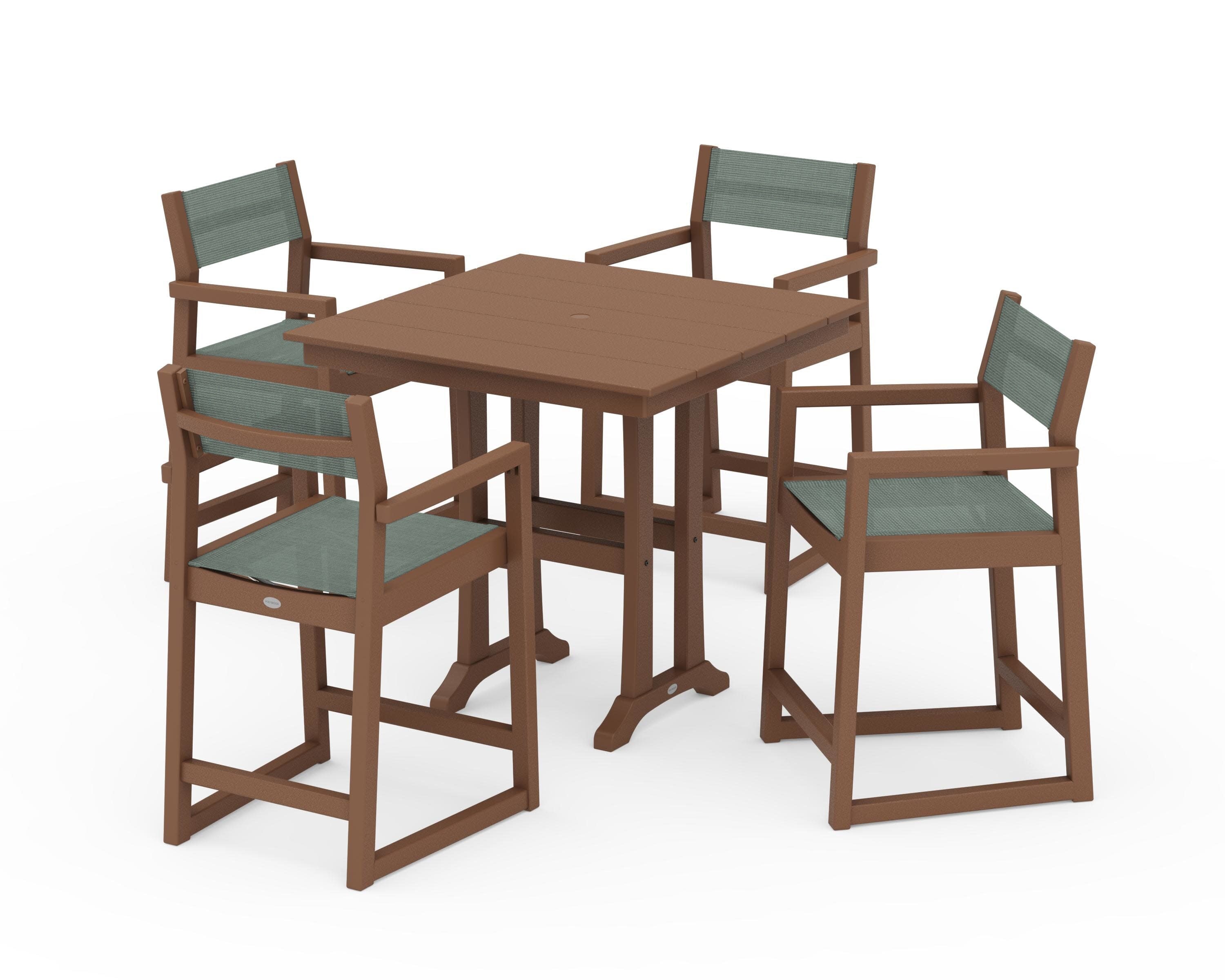 EDGE Sling Arm Chair 5-Piece Farmhouse Counter Set with Trestle Legs in Teak / Dupioni Sea Mist Sling