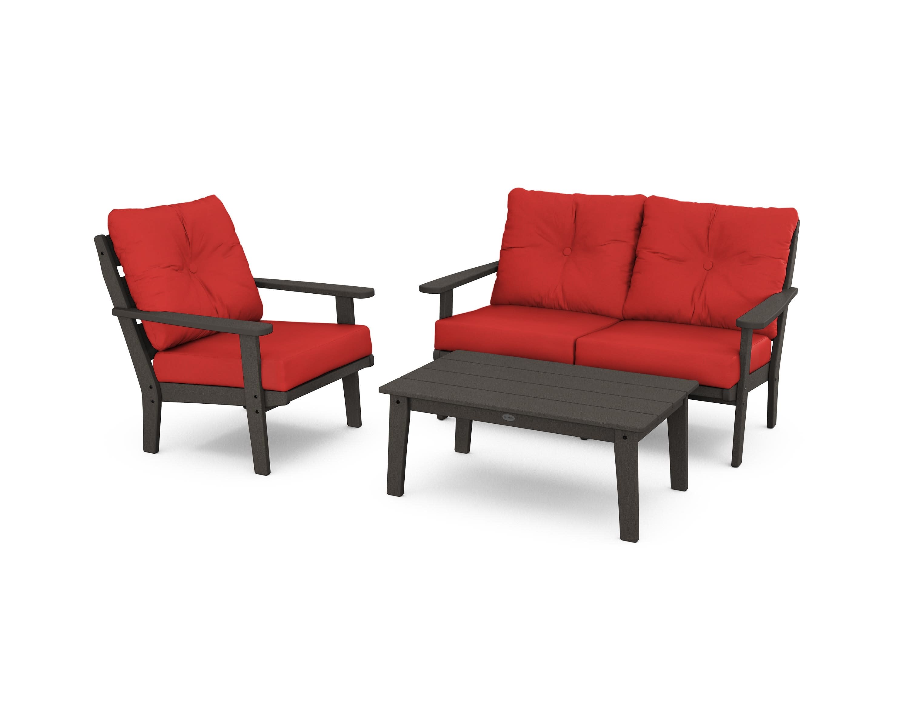 Lakeside 3-Piece Deep Seating Set in Vintage Coffee / Crimson Linen