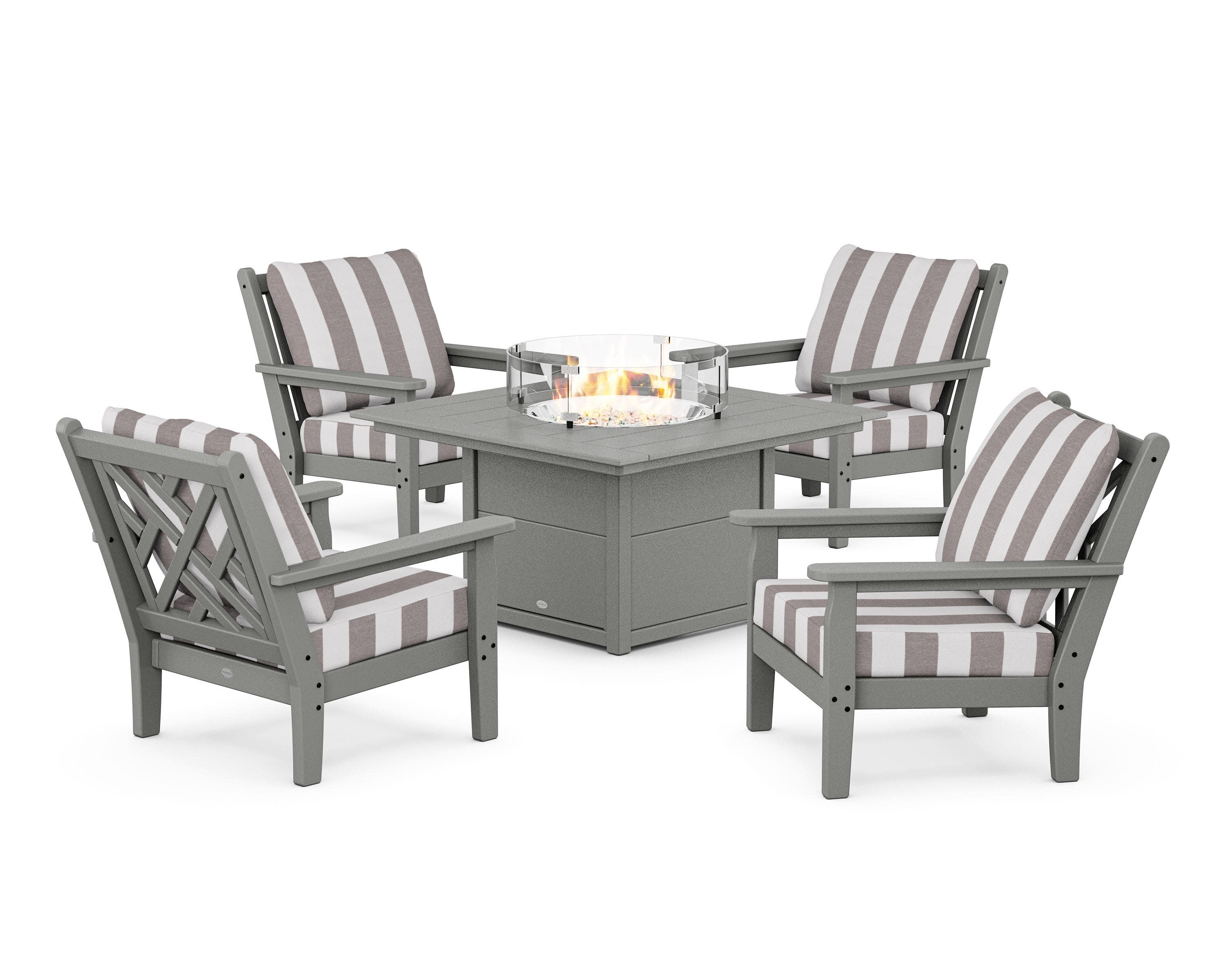Chippendale 5-Piece Deep Seating Set with Fire Pit Table in Slate Grey / Cabana Stripe Grey Mist