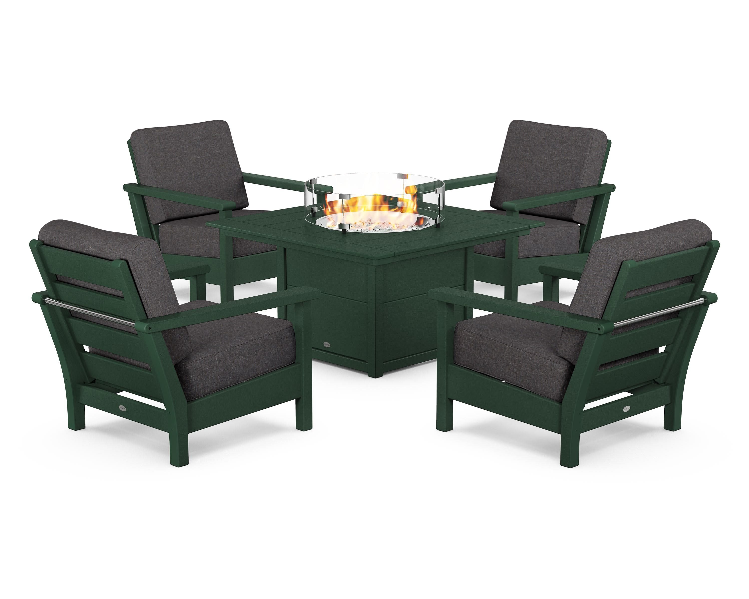 Harbour 5-Piece Conversation Set with Fire Pit Table in Green / Ash Charcoal