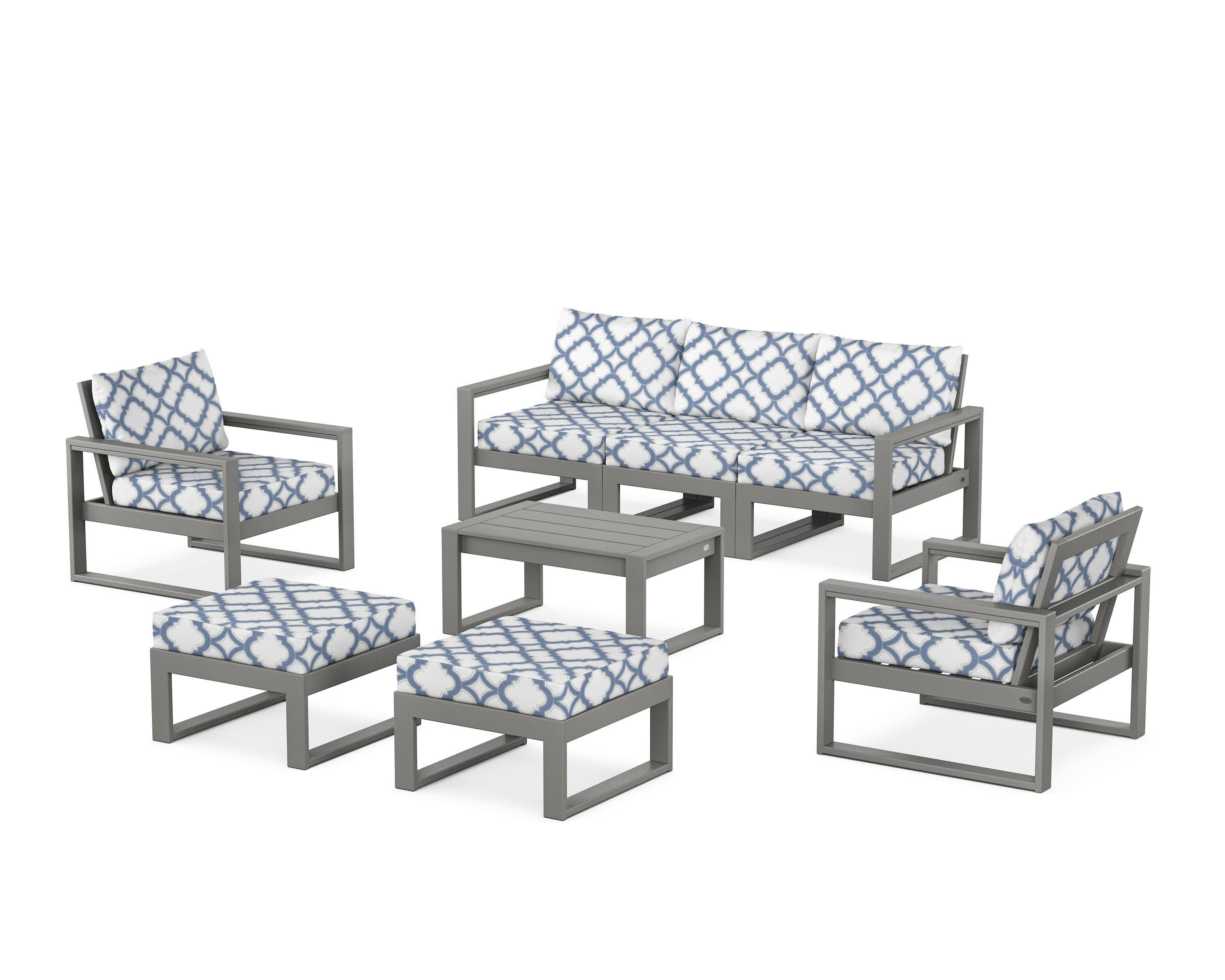EDGE Sectional 8-Piece Lounge Sofa Set in Slate Grey / Trellis Sky Blue