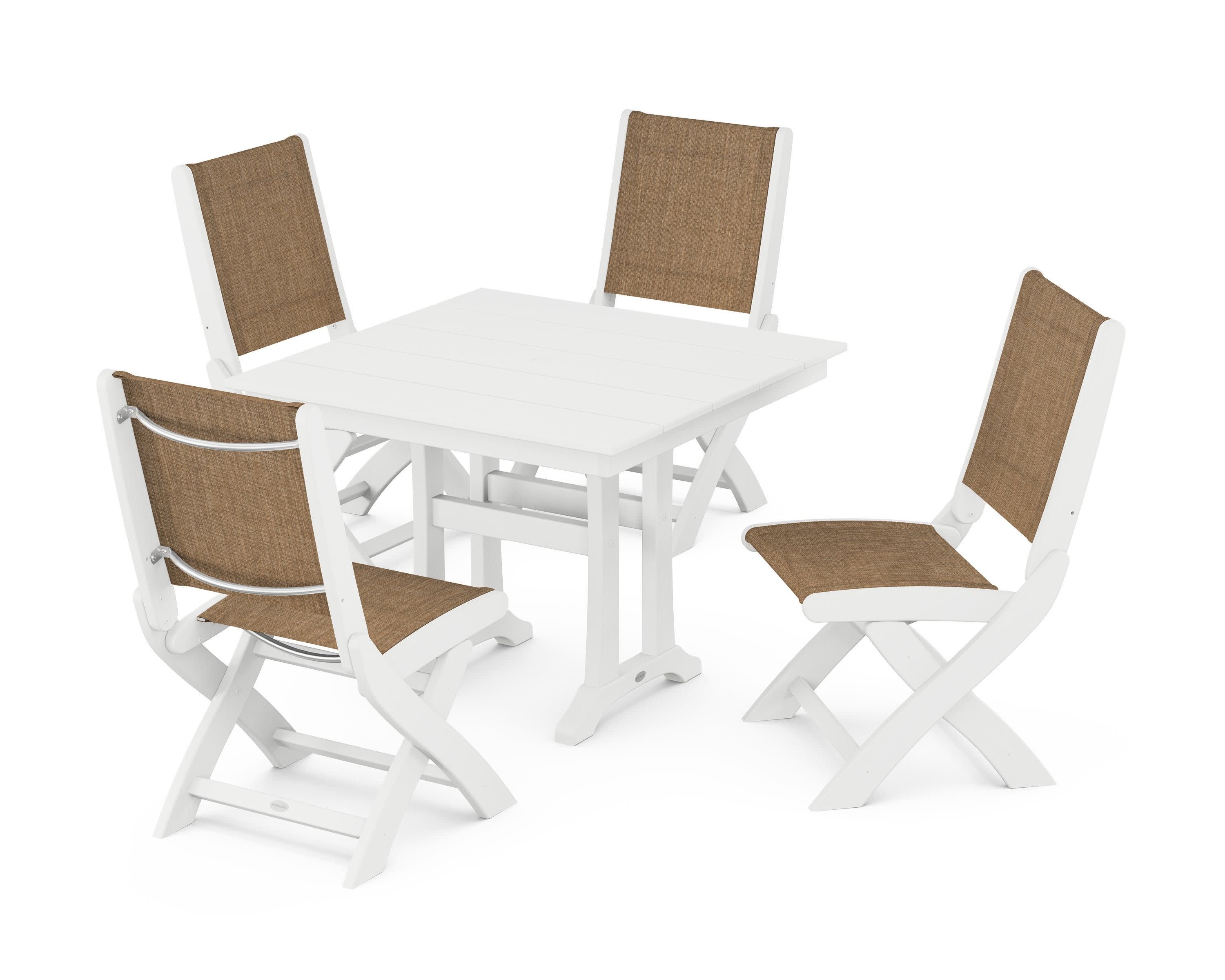 Coastal Folding Side Chair 5-Piece Farmhouse Dining Set With Trestle Legs in White / Burlap Sling