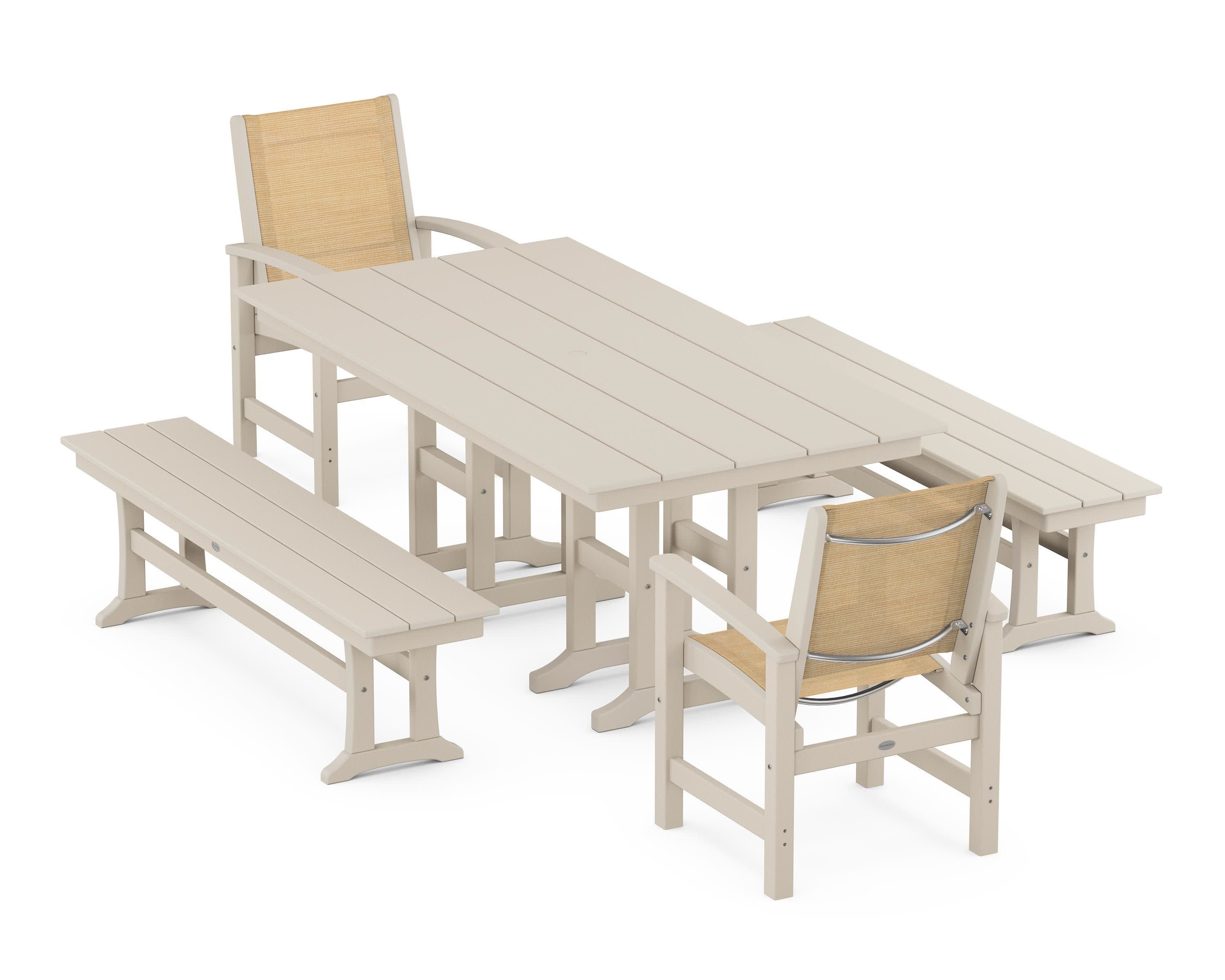 Coastal 5-Piece Farmhouse Dining Set in Sand / Dupioni Apricot Sling