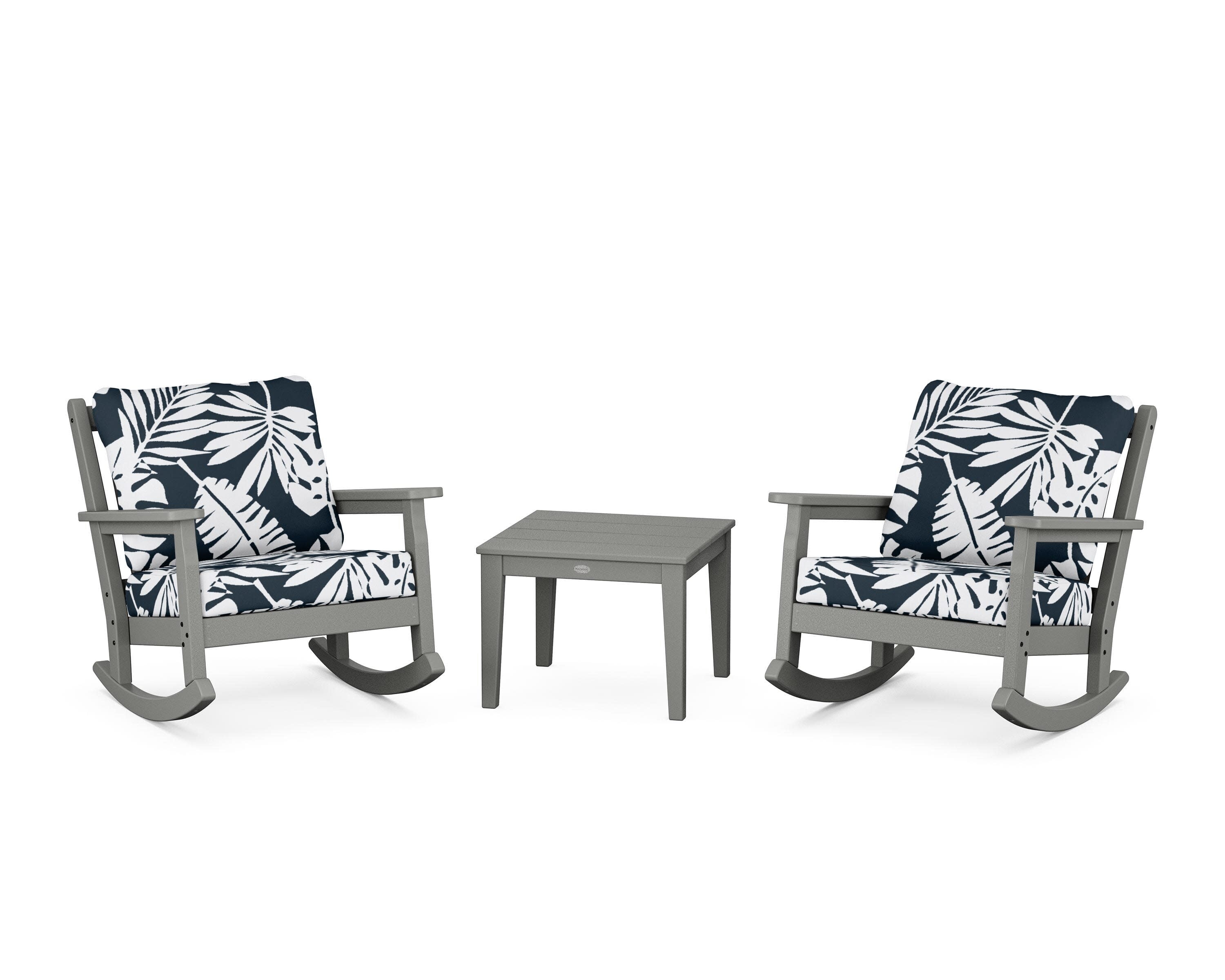 Chippendale 3-Piece Deep Seating Rocker Set in Slate Grey / Leaf Marine Indigo