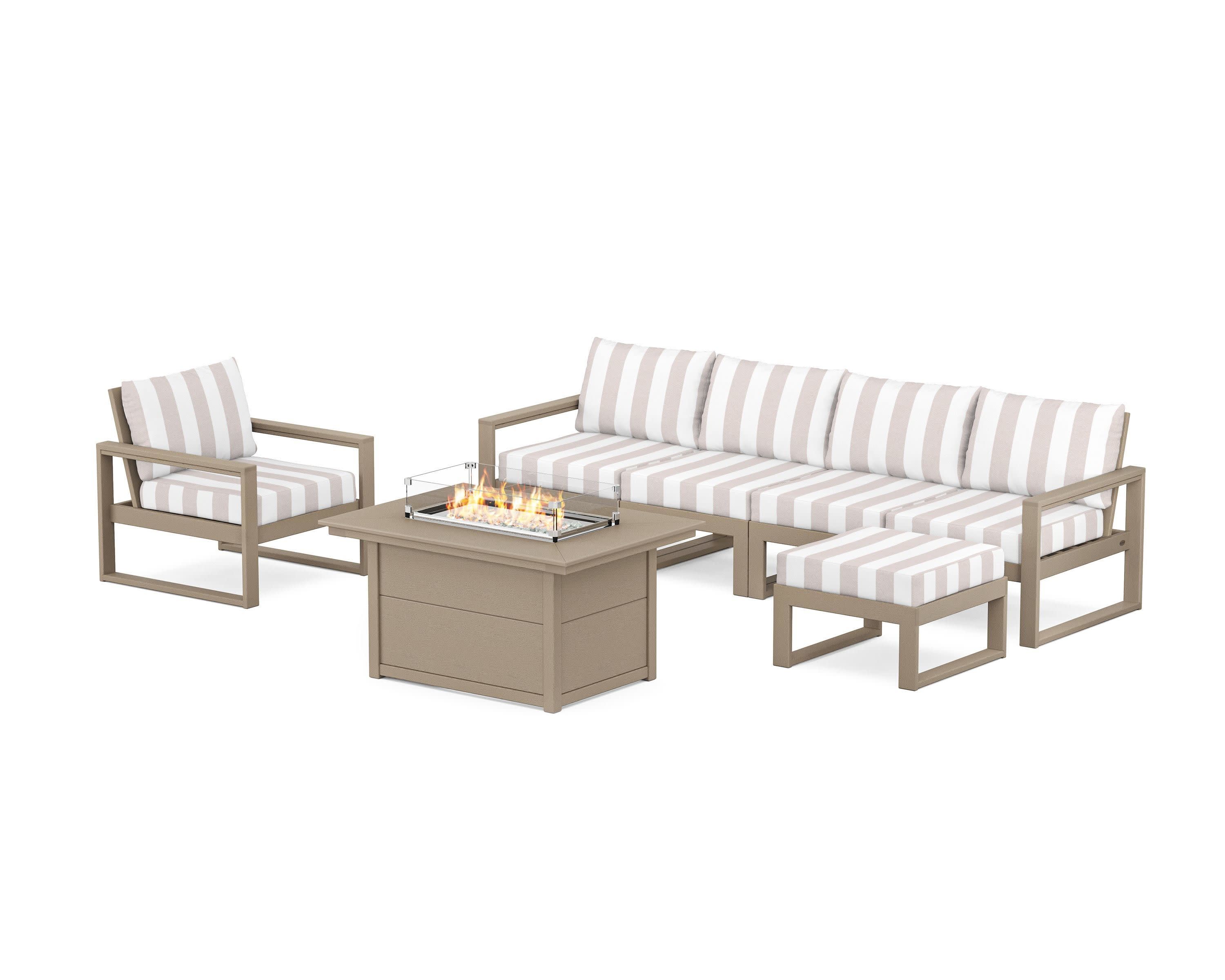 EDGE Sectional Lounge and Fire Pit Set in Vintage Sahara / Cabana Stripe Dune Burlap