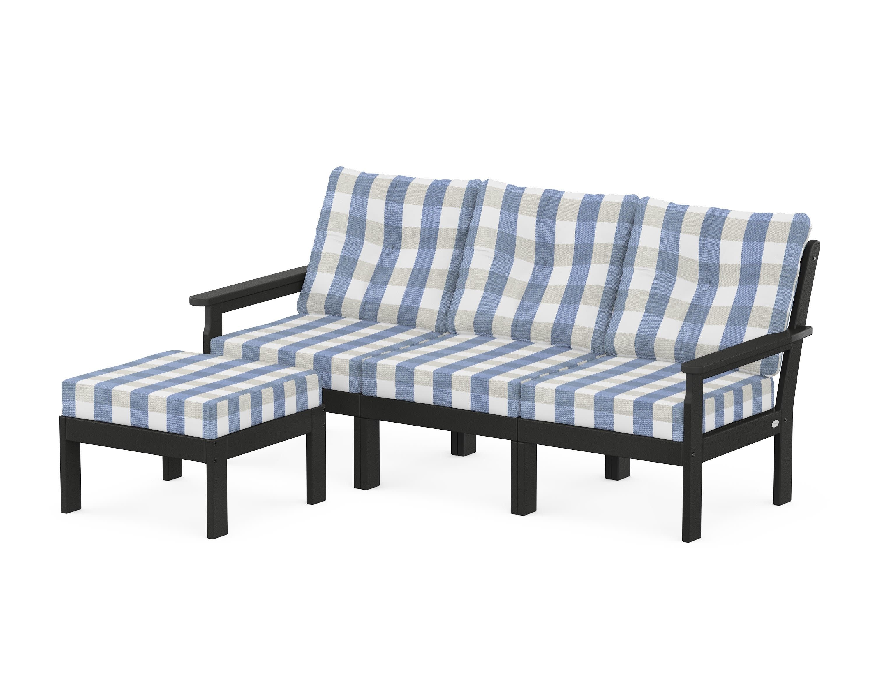 Vineyard 4-Piece Sectional with Ottoman in Black / Buffalo Plaid Sky Blue