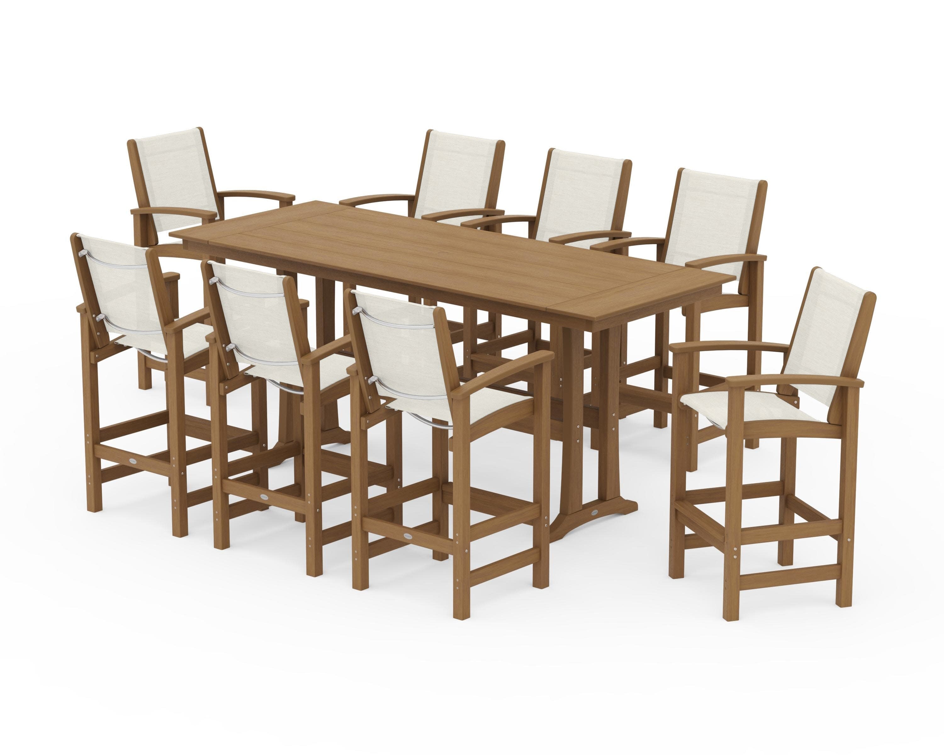 Coastal 9-Piece Farmhouse Bar Set with Trestle Legs in Natural / Parchment Sling
