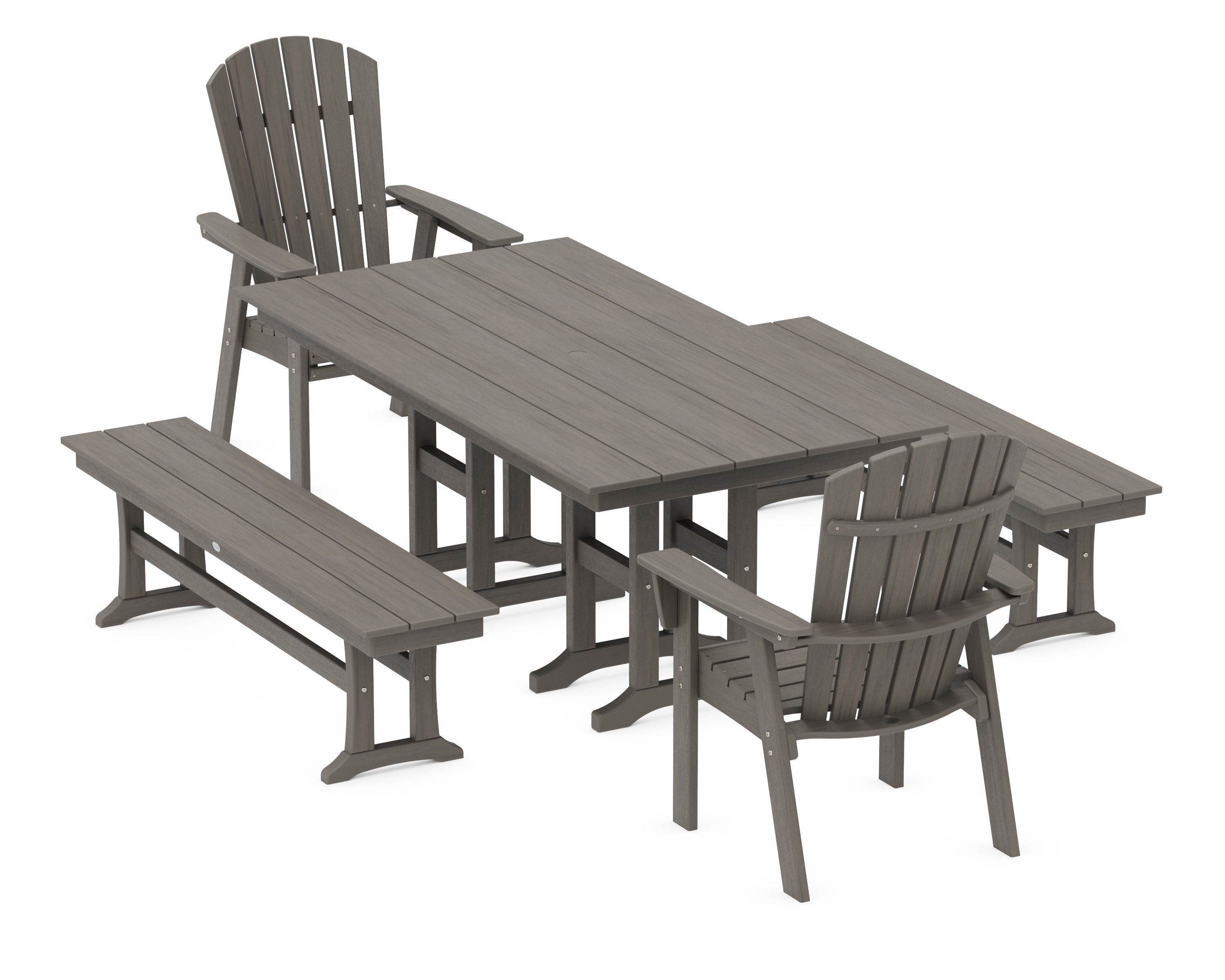 Nautical Curveback Adirondack 5-Piece Farmhouse Dining Set with Benches in Driftwood