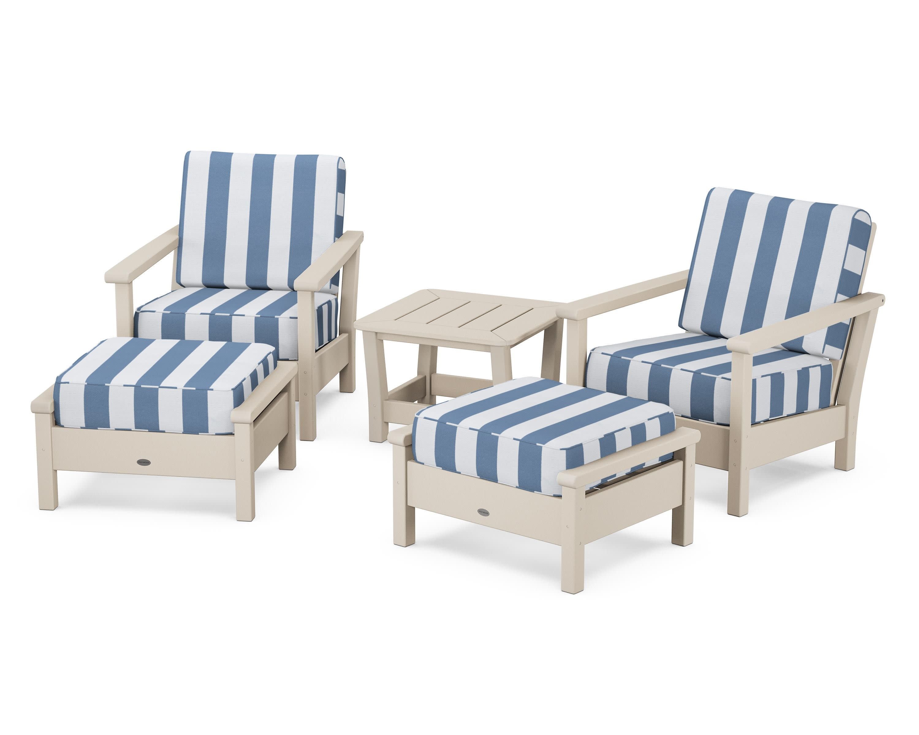 Harbour 5-Piece Deep Seating Chair Set in Sand / Cabana Stripe Sky Blue