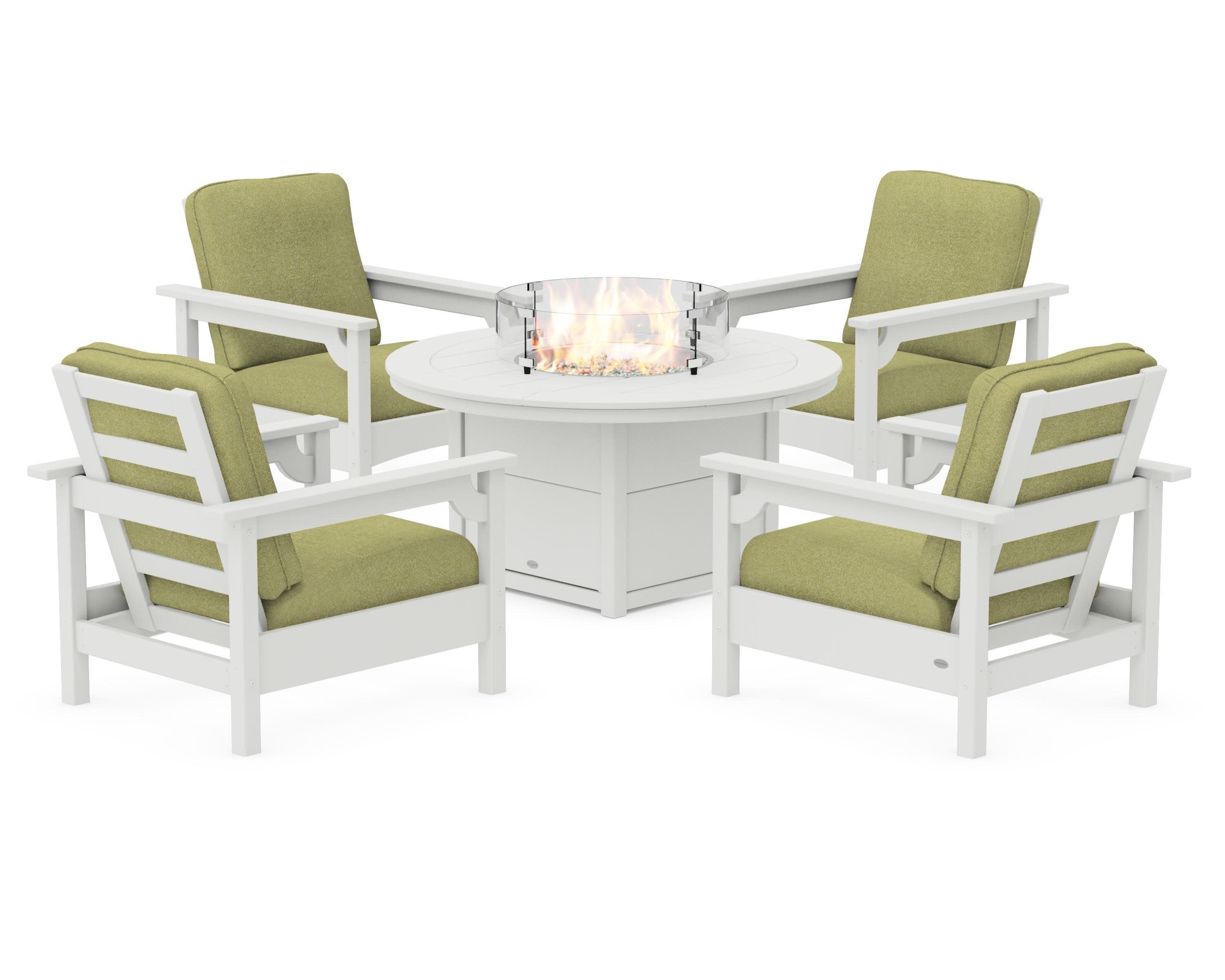 Club 5-Piece Conversation Set with Fire Pit Table in Vintage White / Chartreuse Boucle