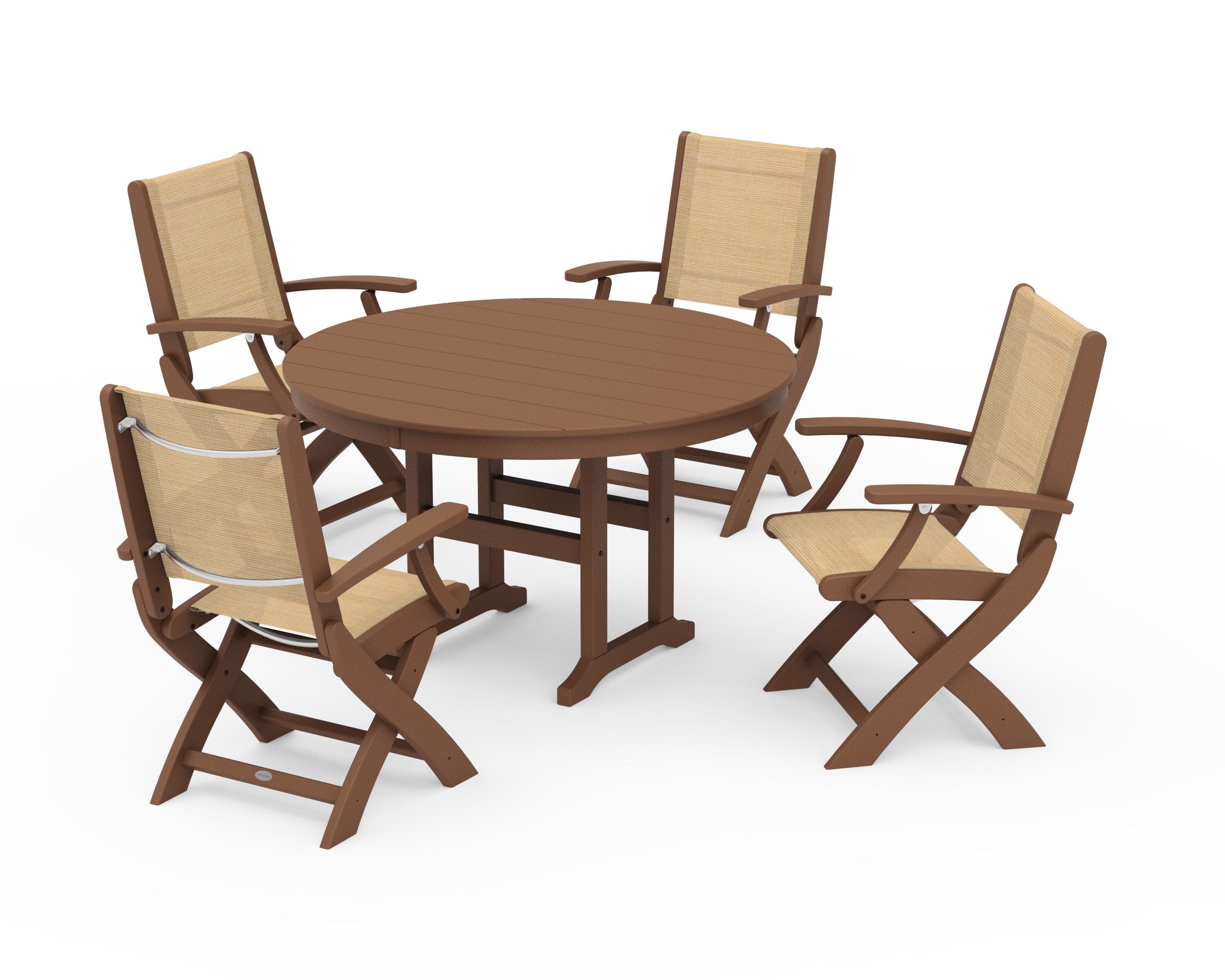 Coastal Folding Chair 5-Piece Round Dining Set in Teak / Dupioni Apricot Sling